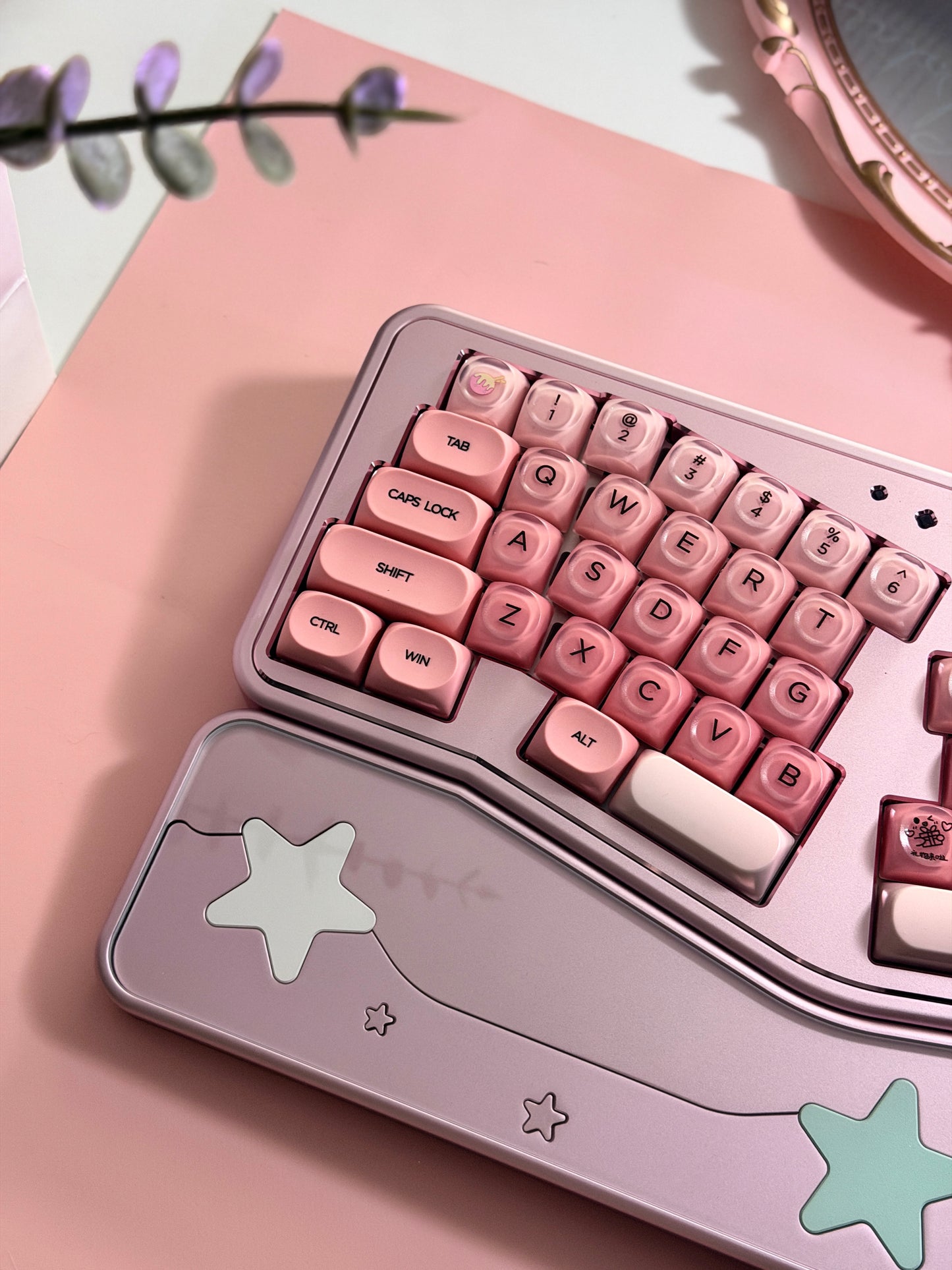 ONLY 1 Instock Prebuilt Aluminum Custom Mechanical Keyboard Staralice Ergonomic Anodized Pink Set including Wristrest Keycaps & switches
