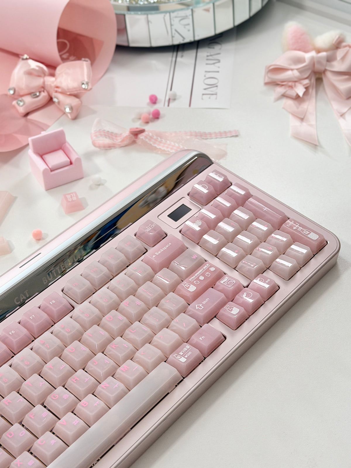 #0308 SoulCat Pink Strawberry Milk Jelly PC Keycap – Cute Romantic Keycap for Mechanical Keyboards, Kawaii Pink Cherry MX Keycap