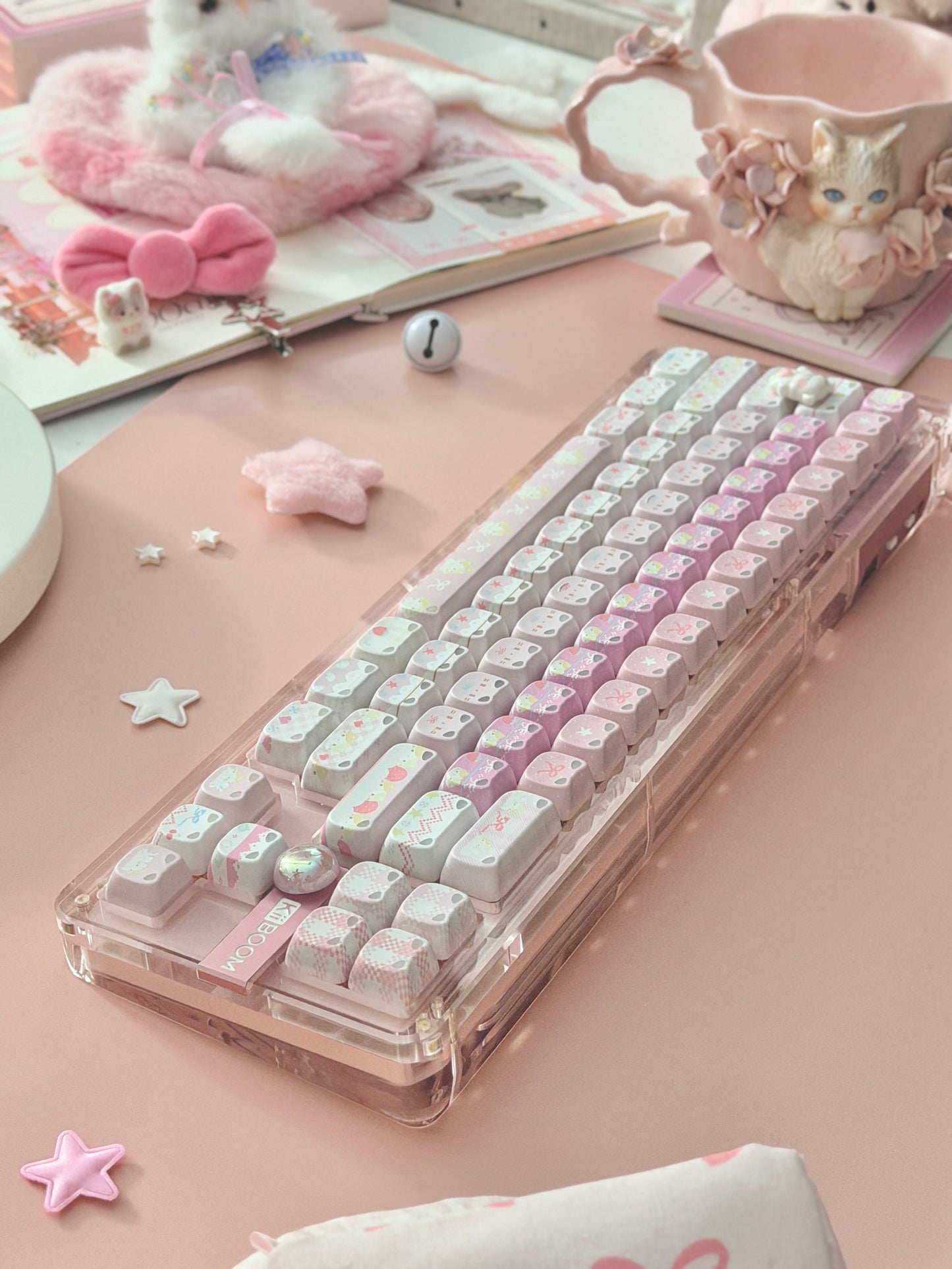 Unboxing Clearance ONLY 1 KiiBOOM Phantom 68 Pink Crystal Gasket-Mounted Mechanical Keyboard & KiiBOOM Pink Meow Keycap Set