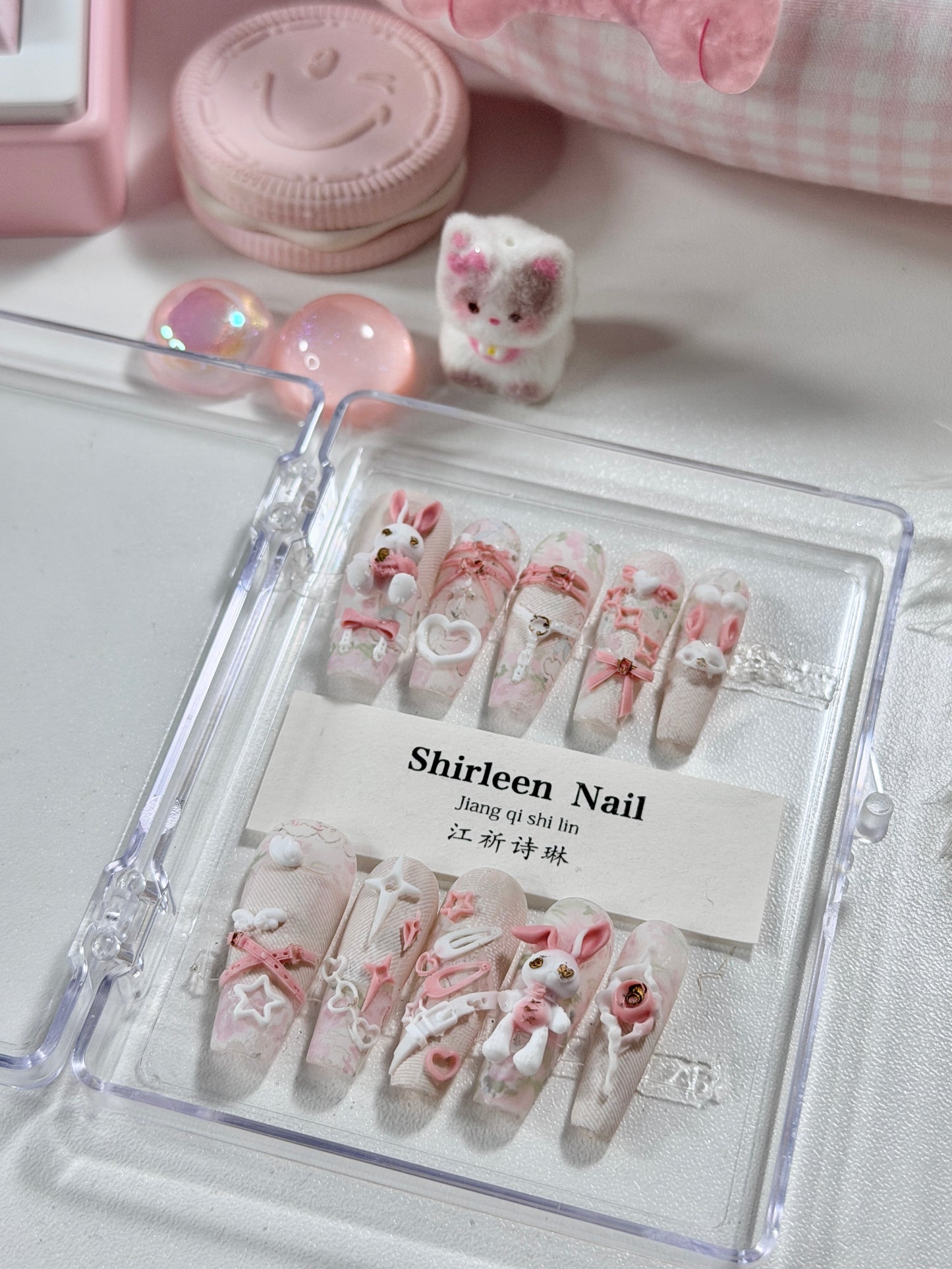 White Lace Pink Punk Bunny Bow 3D Pattern Press On Nails Long Coffin