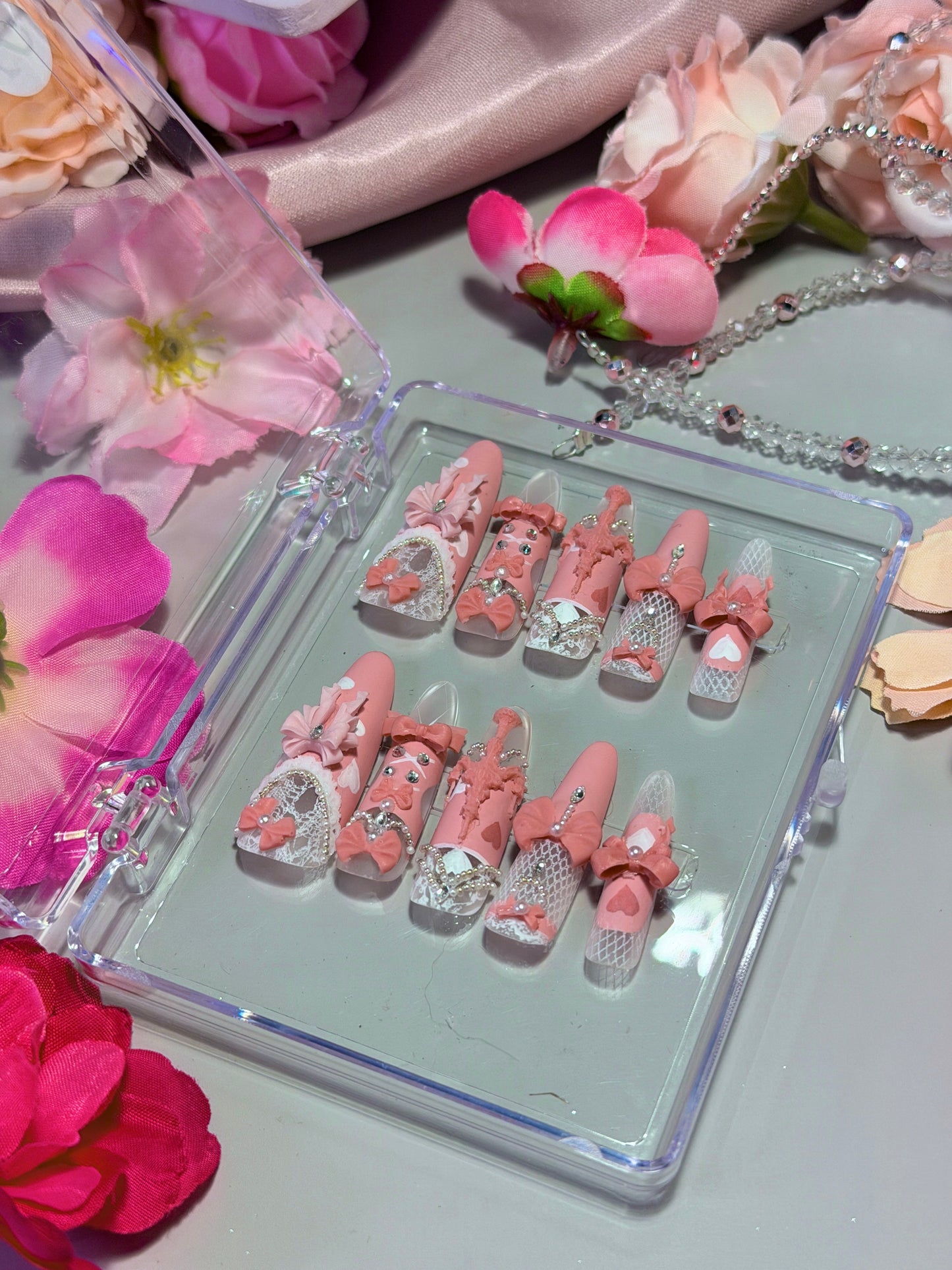 Pink Princess Bow Lace Flower Matte Finish Press On Nails Long Y05 With Pearl Beads Diamond Decor