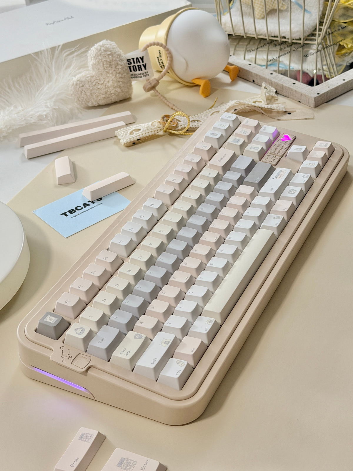 #0315 Tbcats Pastel Cream & Misty Blue Cute Keycap Set | Soft Aesthetic Mechanical Keyboard Keycaps | Kawaii Minimalist Custom Keycaps