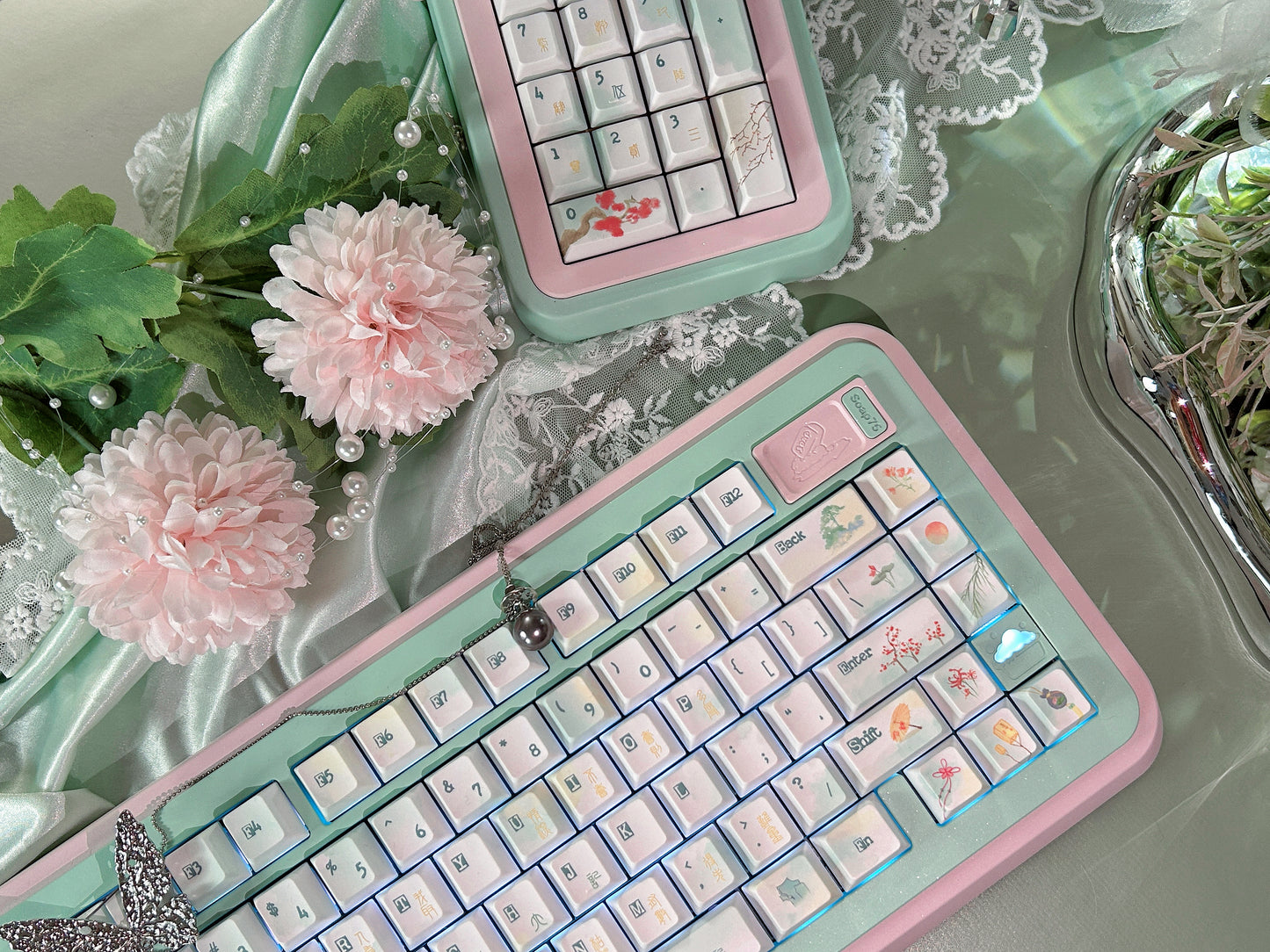 ONLY 1 Instock Prebuilt Aluminum Customized Mechanical Keyboard Pink Green Soap75 ➕ Pad