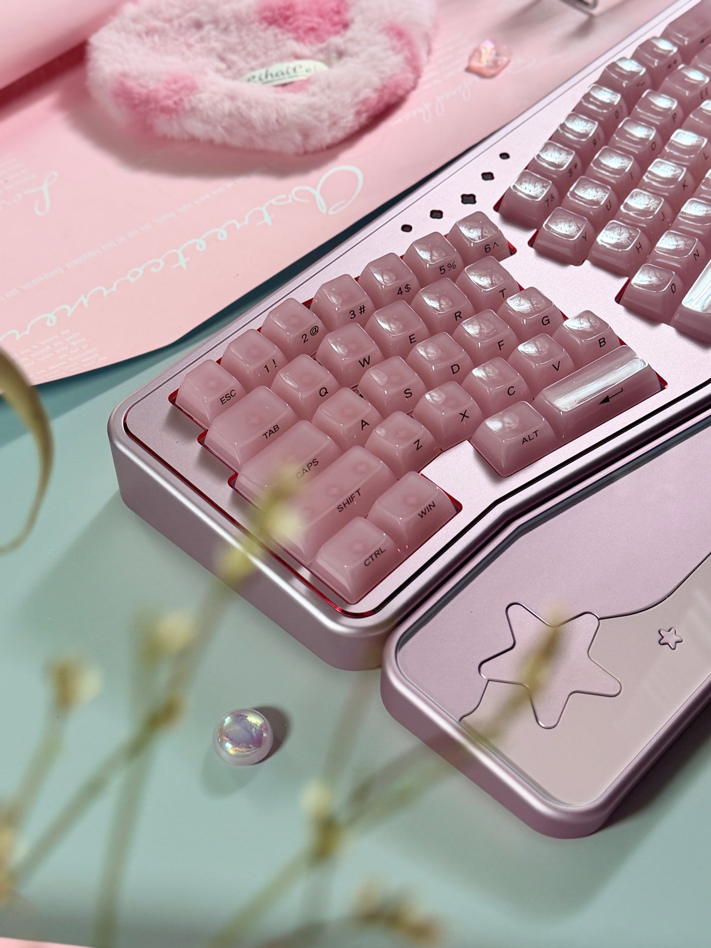 ONLY 1 Instock Prebuilt Aluminum Custom Mechanical Keyboard Staralice Ergonomic Anodized Pink Set including Wristrest Keycaps & switches
