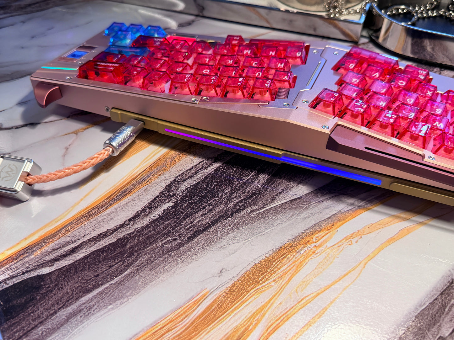 Preorder Prebuilt Aluminum Customized Mechanical Keyboard Owlab HellCat Anodized Pink Ergonomic Set & Wristrest