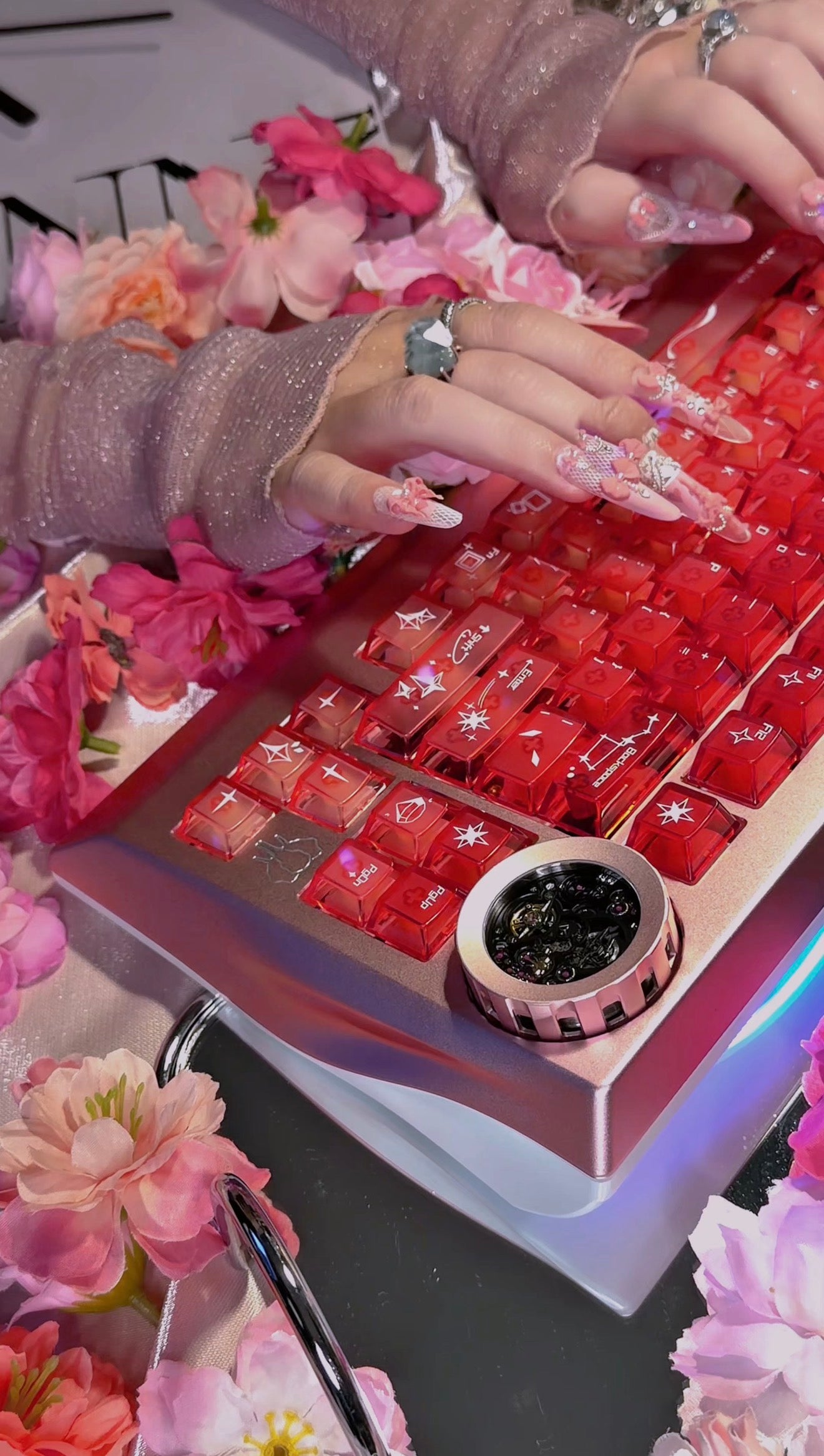 Pink Princess Bow Lace Flower Matte Finish Press On Nails Long Y05 With Pearl Beads Diamond Decor