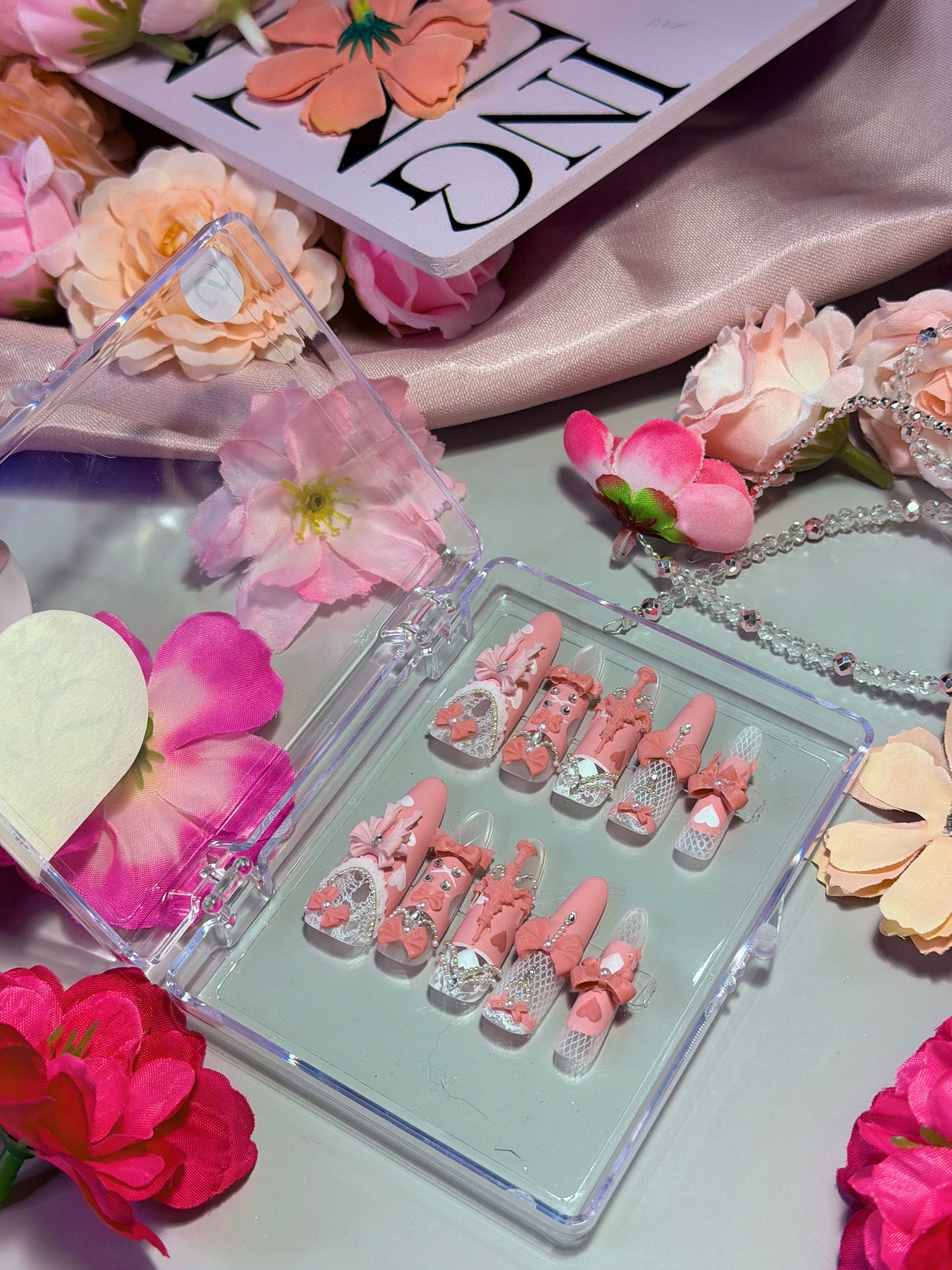 Pink Princess Bow Lace Flower Matte Finish Press On Nails Long Y05 With Pearl Beads Diamond Decor