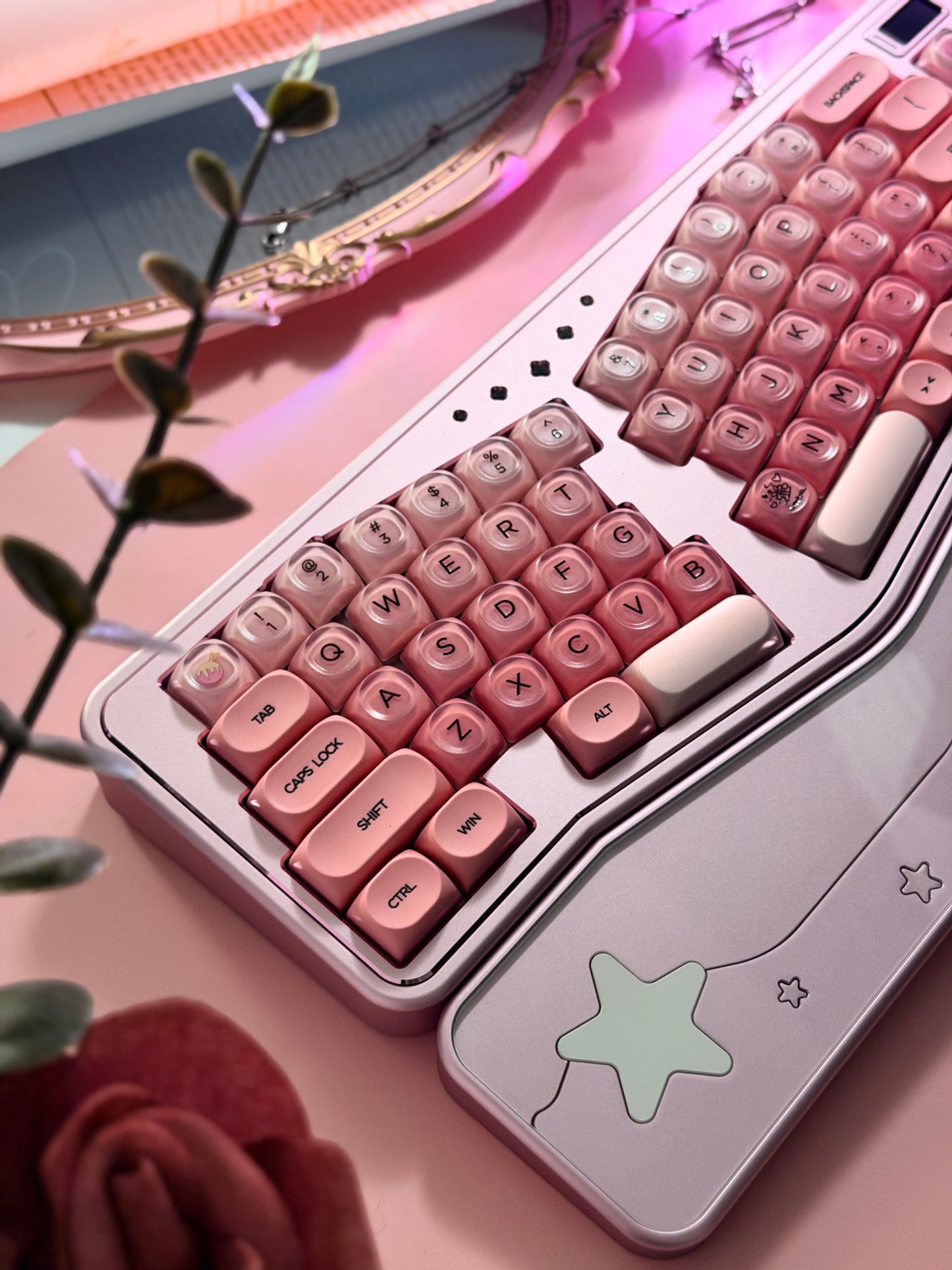 ONLY 1 Instock Prebuilt Aluminum Custom Mechanical Keyboard Staralice Ergonomic Anodized Pink Set including Wristrest Keycaps & switches
