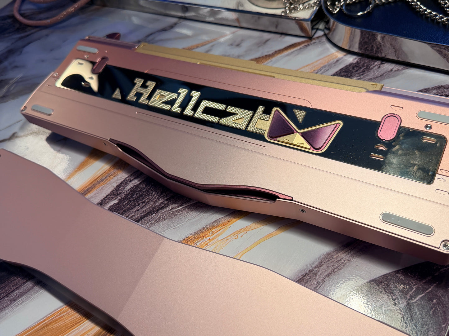 Preorder Prebuilt Aluminum Customized Mechanical Keyboard Owlab HellCat Anodized Pink Ergonomic Set & Wristrest