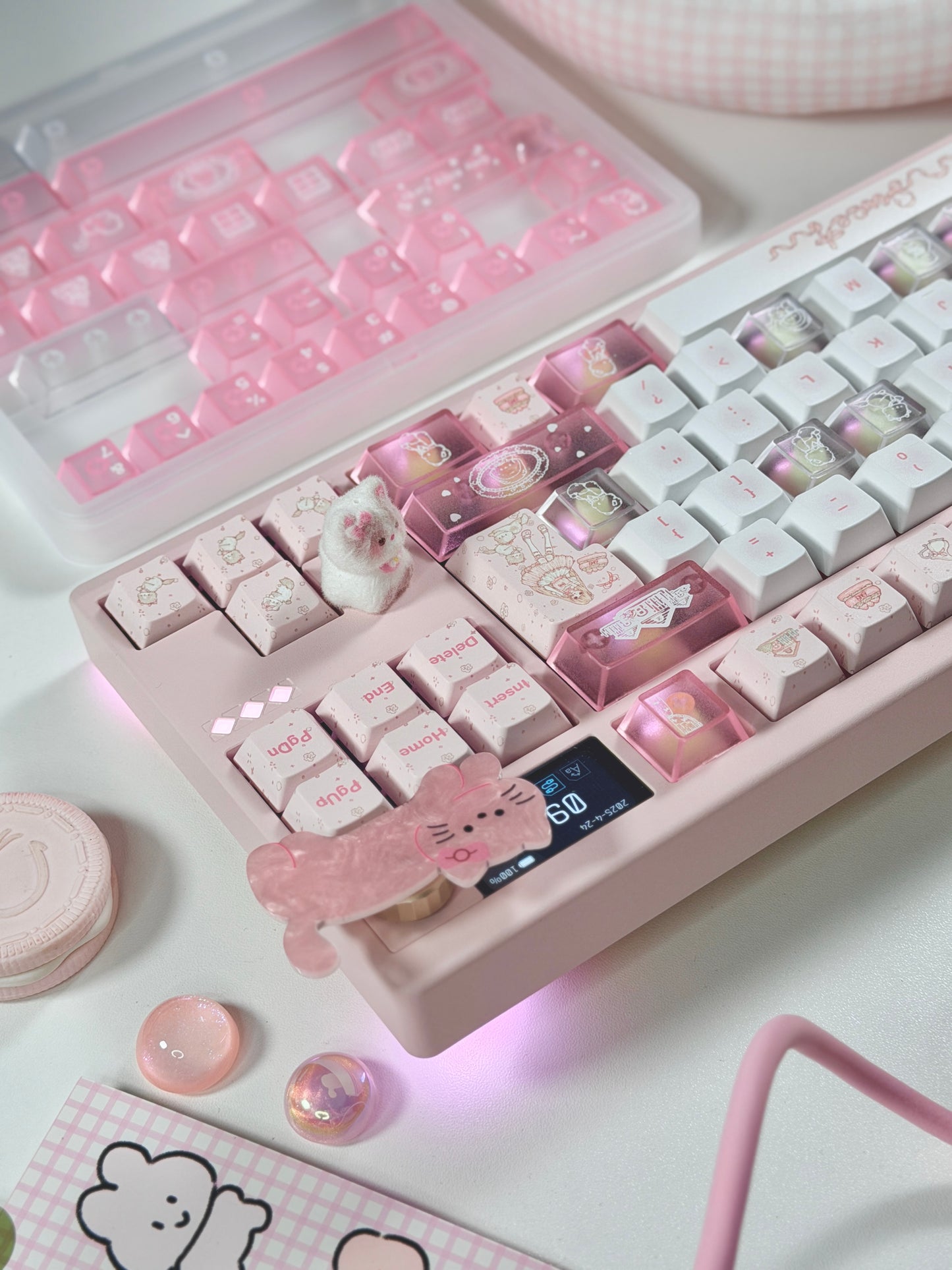ONLY 1 Instock Prebuilt Aluminum Custom Mechanical Keyboard Pale Pink Meletrix ZOOM TKL DYNA Cat Keycap Set & Bow Pad