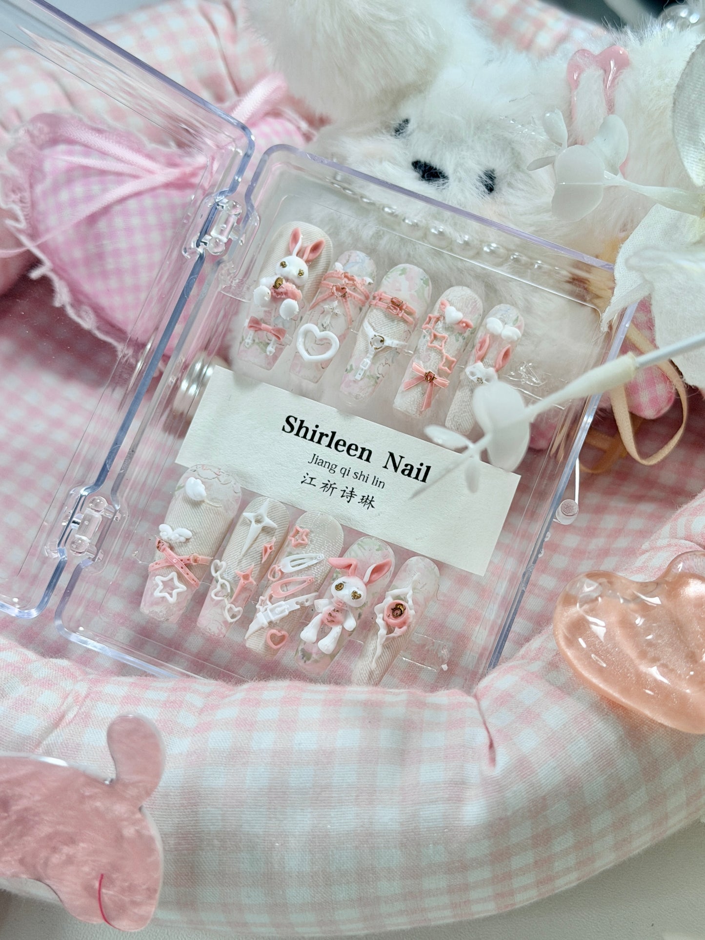 White Lace Pink Punk Bunny Bow 3D Pattern Press On Nails Long Coffin