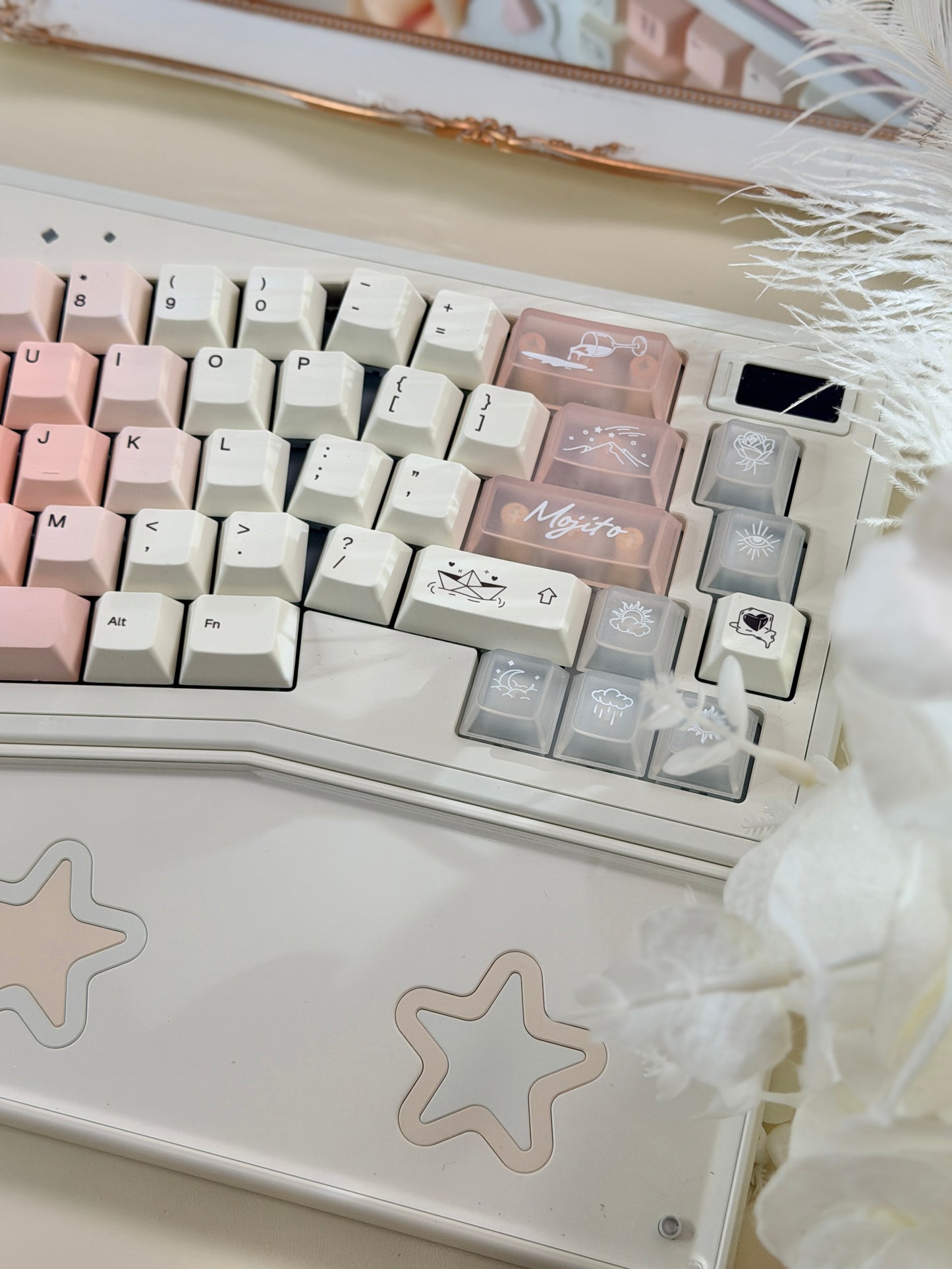 ONLY 1 Instock Prebuilt Aluminum Customized Mechanical Keyboard Staralice Cream White Set With Wristrest & Bow Pad