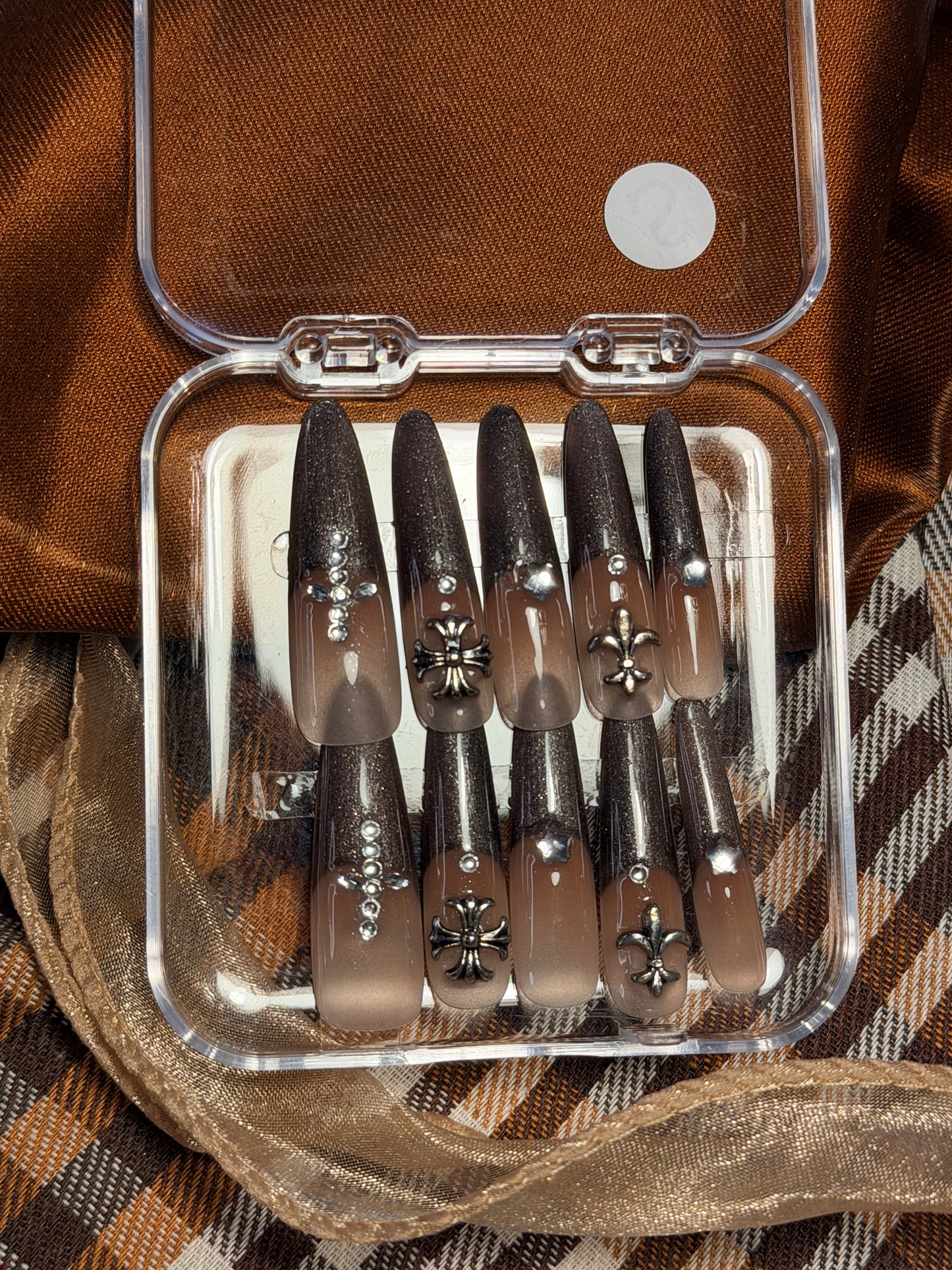 ONLY 1 Instock Designer False Nails Chrome Hearts Smoky Coffee Fine Shimmer French Style Long Press-On Nails(#889）