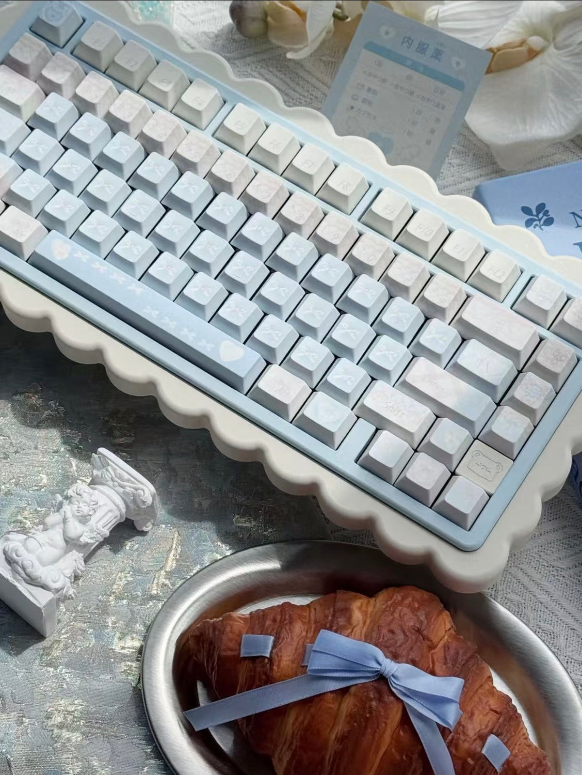 #0303 Aqua Lace Dream Garden Keycaps | Kawaii Pastel Floral & Bow PBT Keycap Set