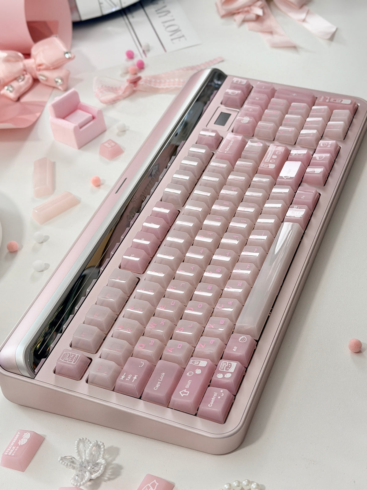 #0308 SoulCat Pink Strawberry Milk Jelly PC Keycap – Cute Romantic Keycap for Mechanical Keyboards, Kawaii Pink Cherry MX Keycap