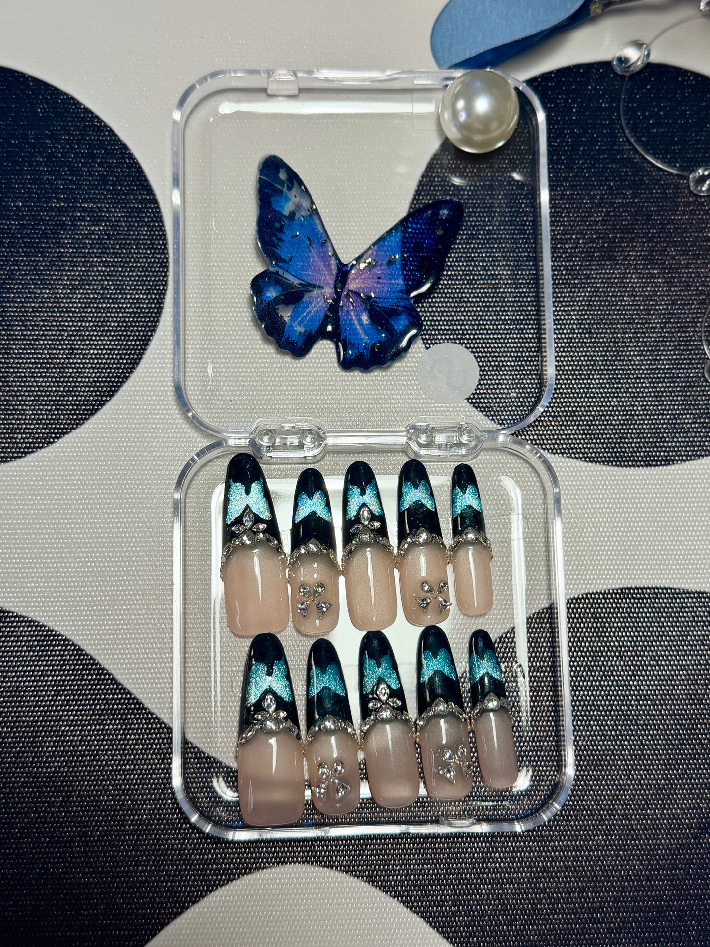 Black Blue Butterfly Press On Nails Shimmering Diamond Long Oval Handmade Nail Arts