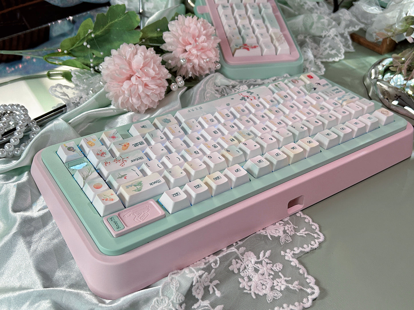 ONLY 1 Instock Prebuilt Aluminum Customized Mechanical Keyboard Pink Green Soap75 ➕ Pad