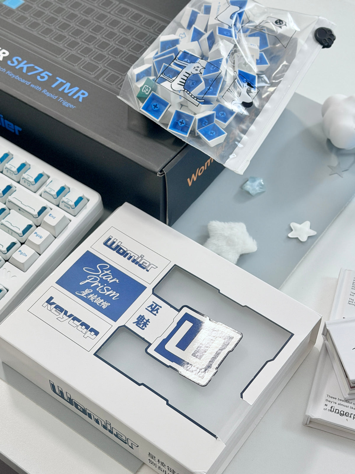Unboxing ONLY 1 For Clearance WOMIER SK75 TMR White WIRELESS ALUMINUM CUSTOM KEYBOARD & STAR PRISM WHITE-BLUE CHERRY PROFILE SHINE-THROUGH KEYCAP SET
