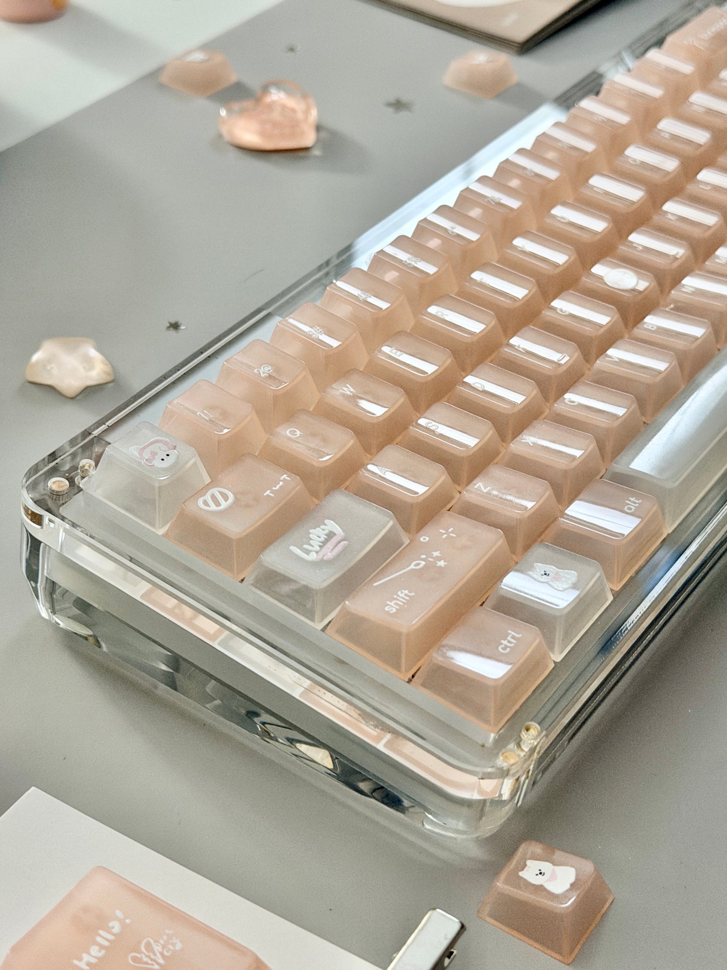 Unboxing Sample For Sale ONLY 1 Instock KiiBOOM Phantom 64 Clear Crystal Acrylic Keyboard + custom Peach Pink Keycaps