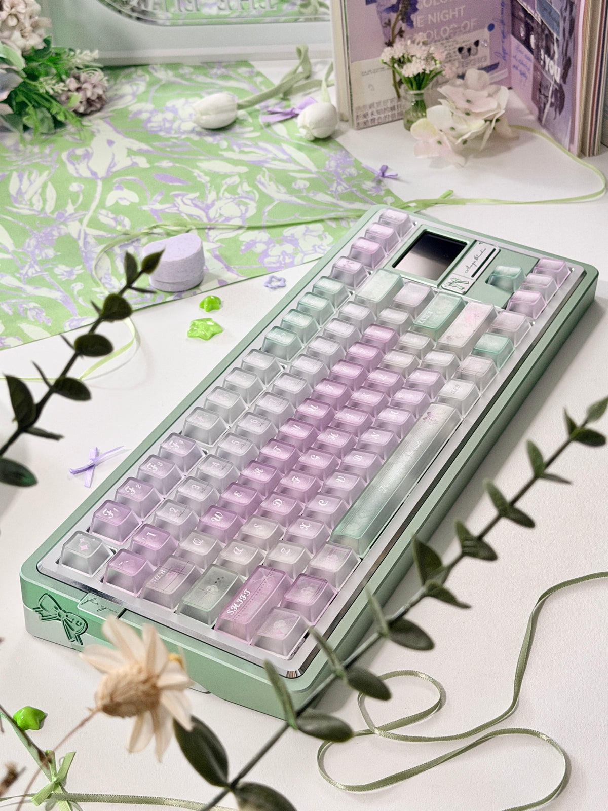 #0318 Lavender Mint Garden Transparent Keycaps Set | Pastel Purple & Sage Green Cute Floral Mechanical Keyboard Keycaps