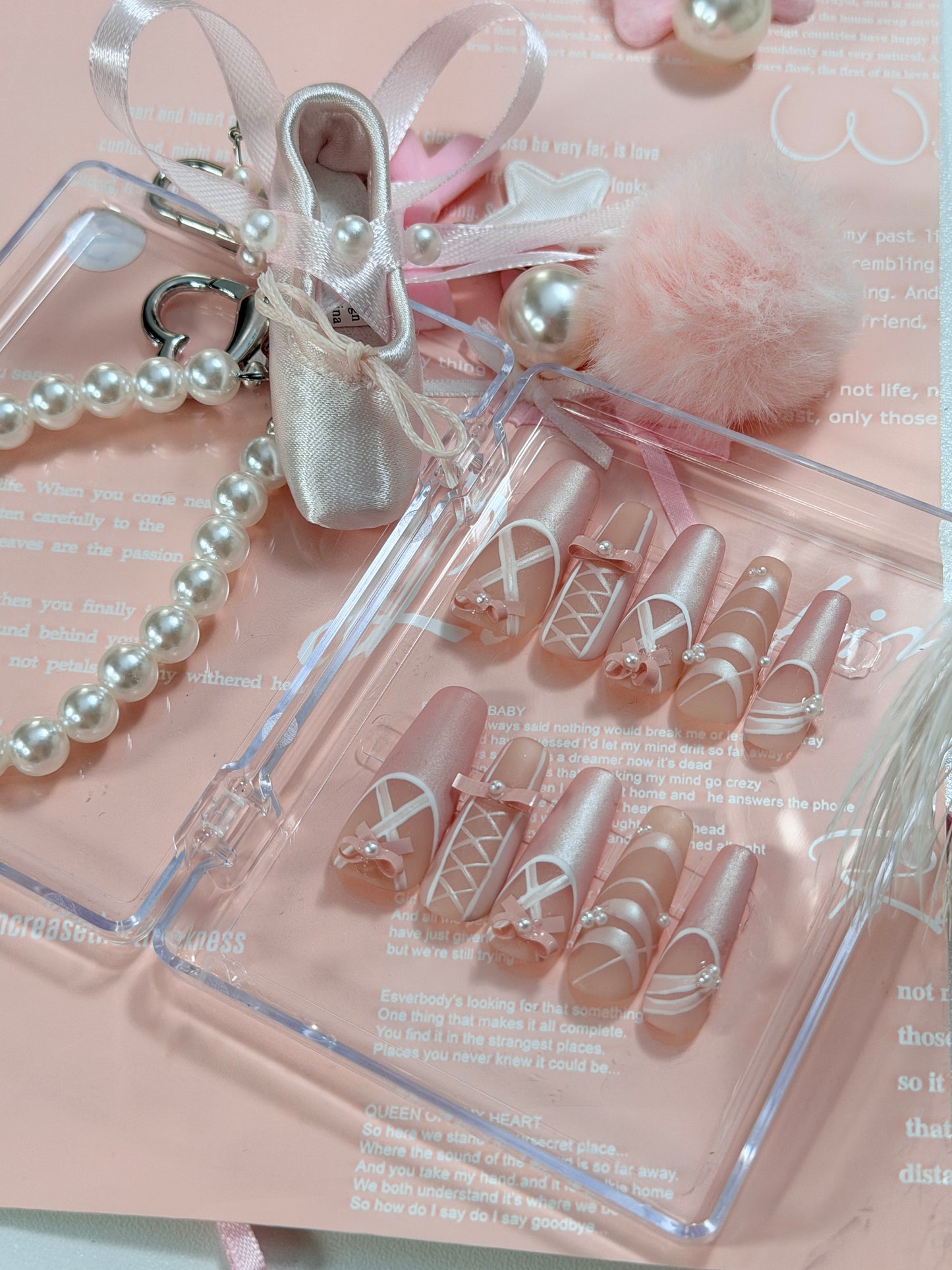 Pearl Pink Ballet Lace Bow Pattern Press On Nails Long Coffin