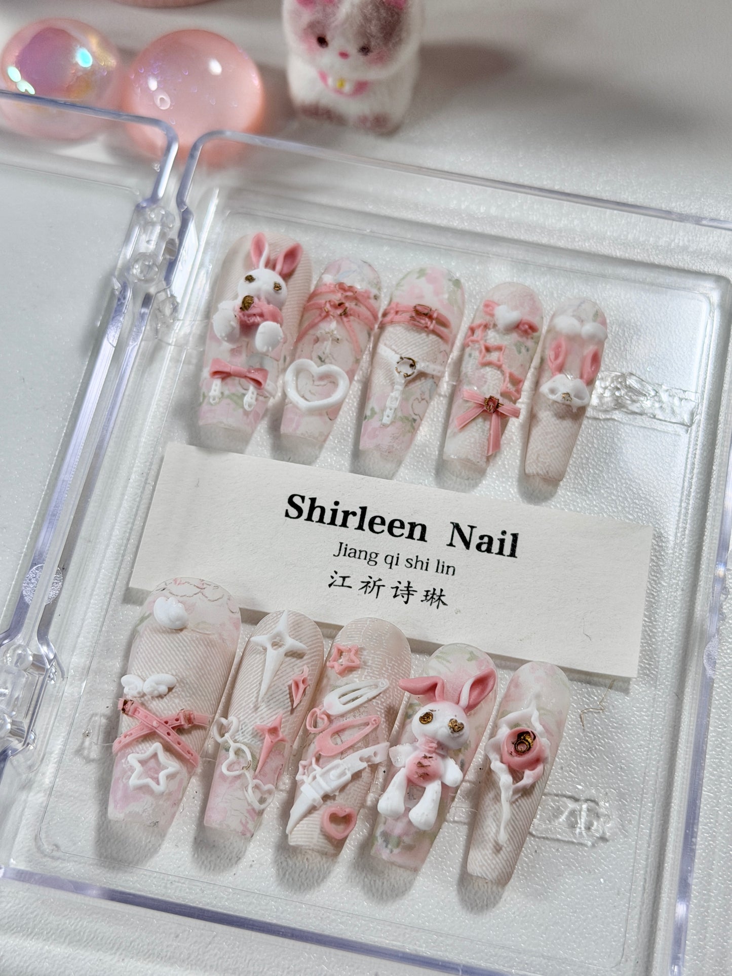 White Lace Pink Punk Bunny Bow 3D Pattern Press On Nails Long Coffin