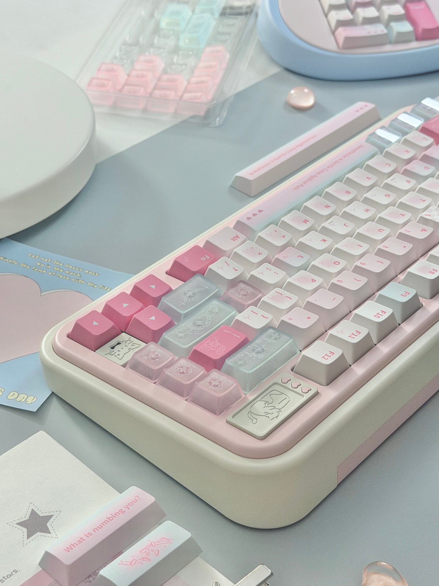 ONLY 1 Instock Creme75 Pale Pink Cream White Prebuilt Custom Aluminum Mechanical Keyboard Set ➕ Cat Pad