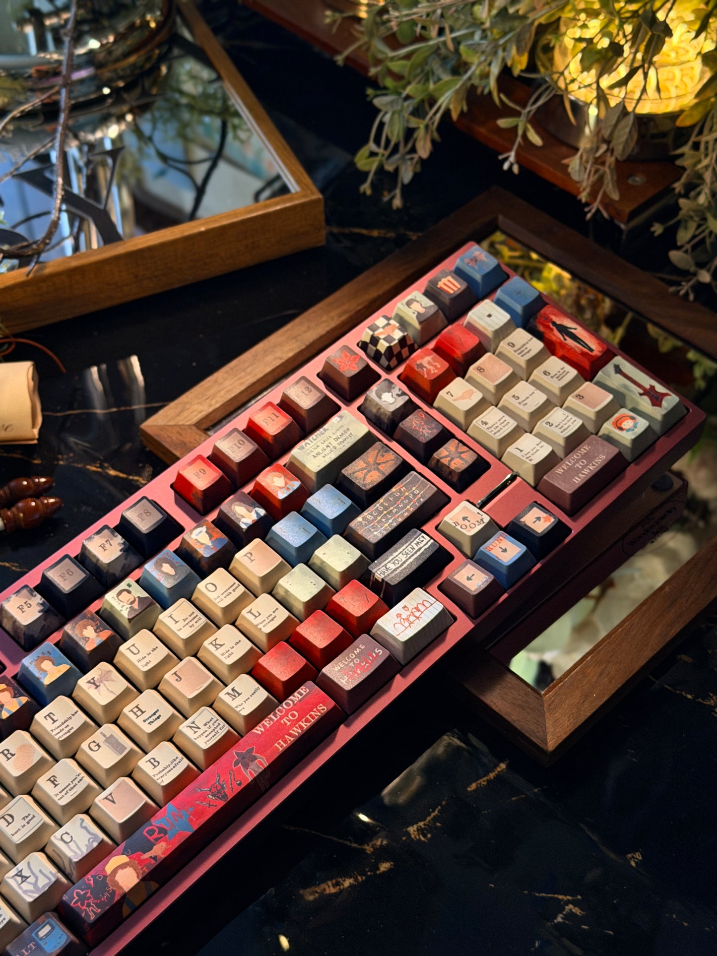 ONLY 1 Instock Prebuilt Neo98 Anodized Dusty Rose Mechanical Custom Keyboard + stranger things Keycaps