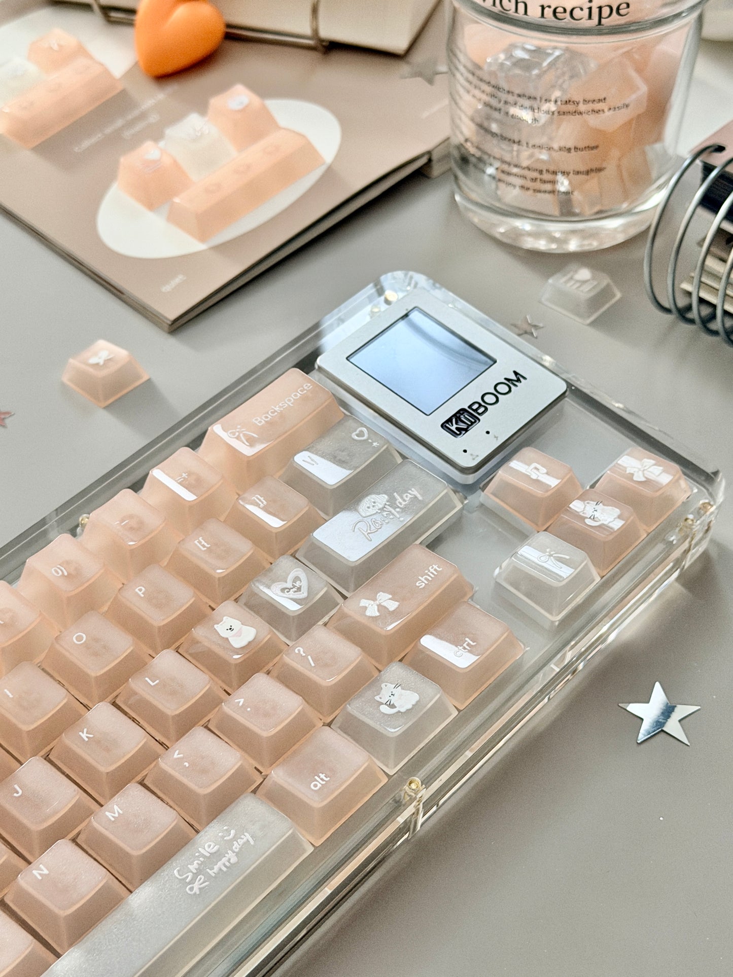 Unboxing Sample For Sale ONLY 1 Instock KiiBOOM Phantom 64 Clear Crystal Acrylic Keyboard + custom Peach Pink Keycaps
