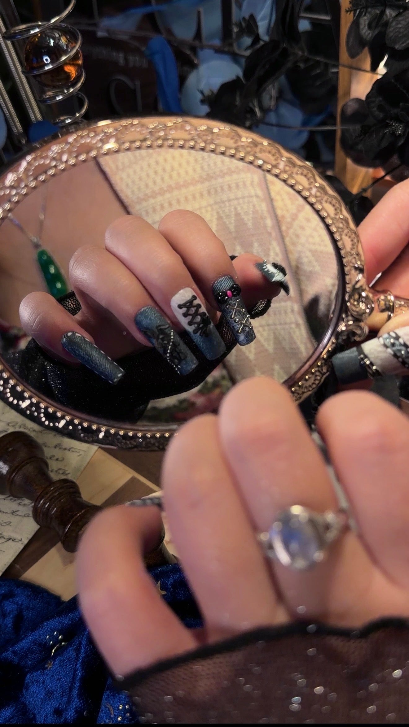 Punk Bunny 3D Lace Strap Denim Jeans Pattern Press On Nails Long Pipe Handmade Paint