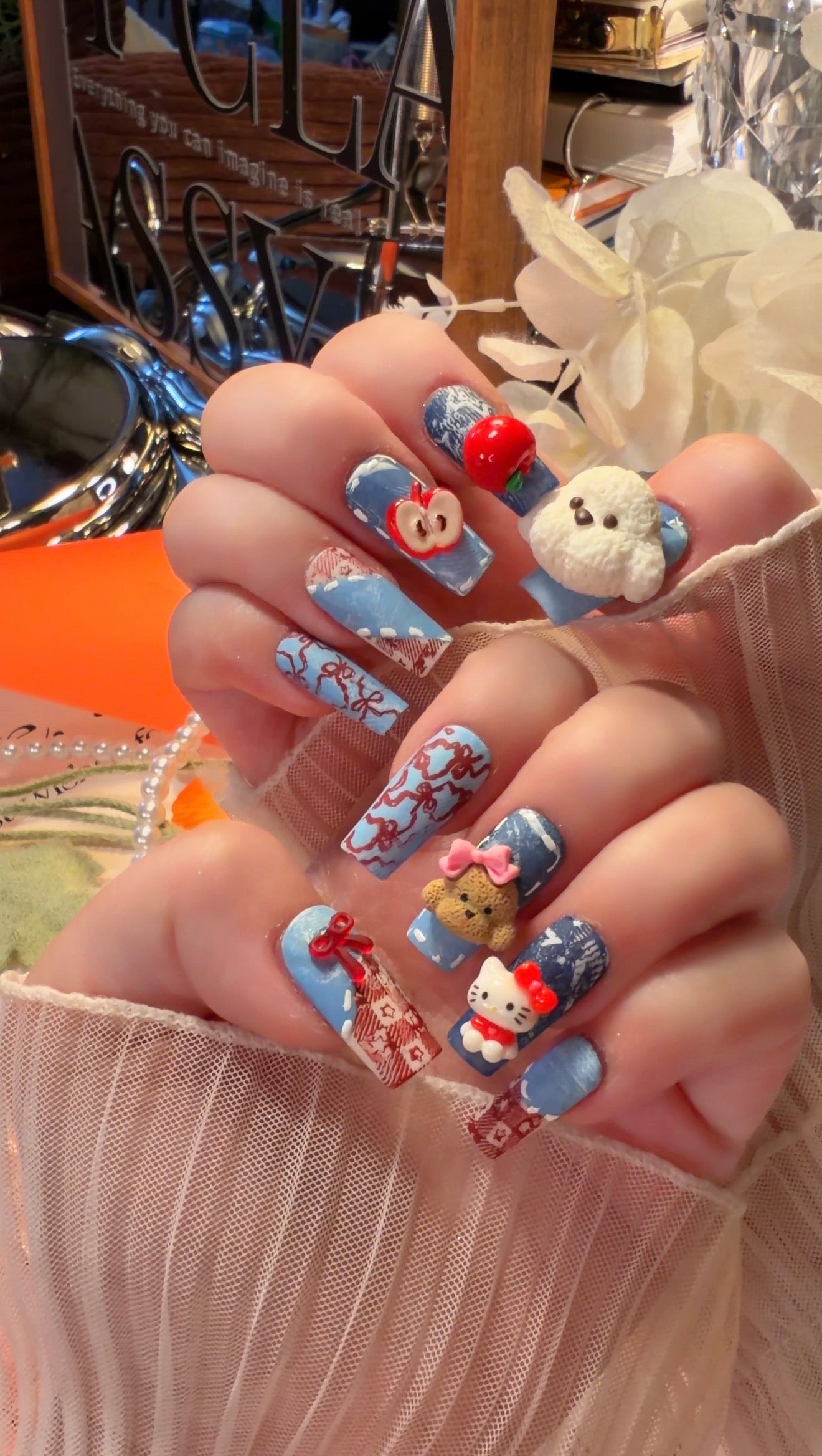 Kawaii Puppy Kitty 3D Red Apple Bow Denim Jeans Pattern Press On Nails Long Pipe
