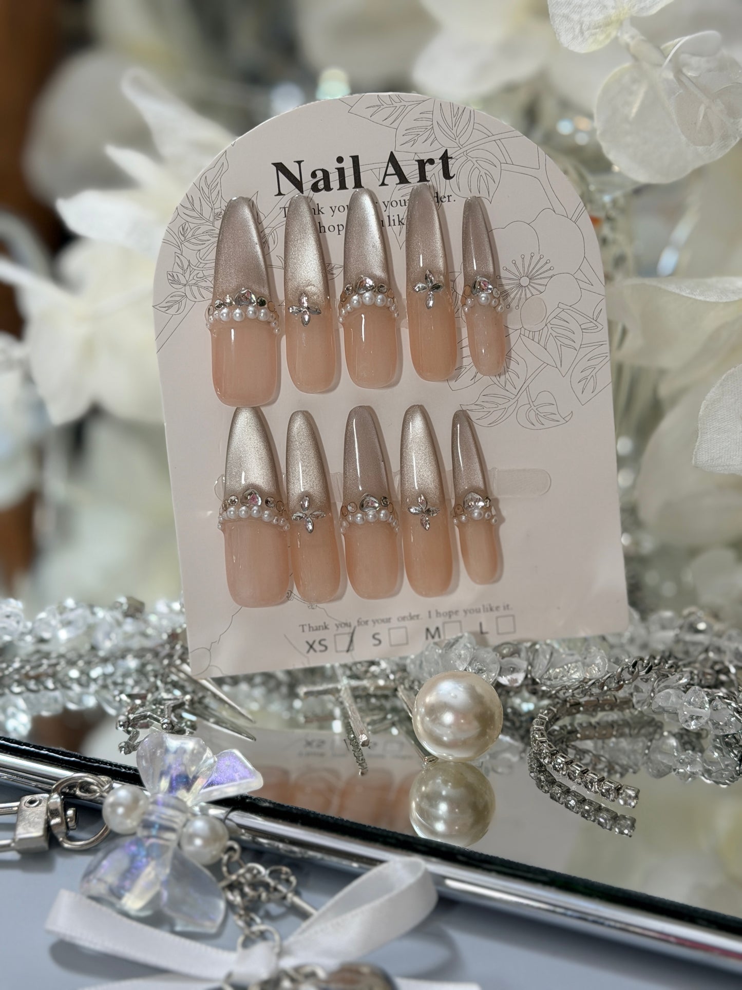 Silver Champagne Press On Nails Shimmering Diamond Pearl Long Stelitto Handmade Nail