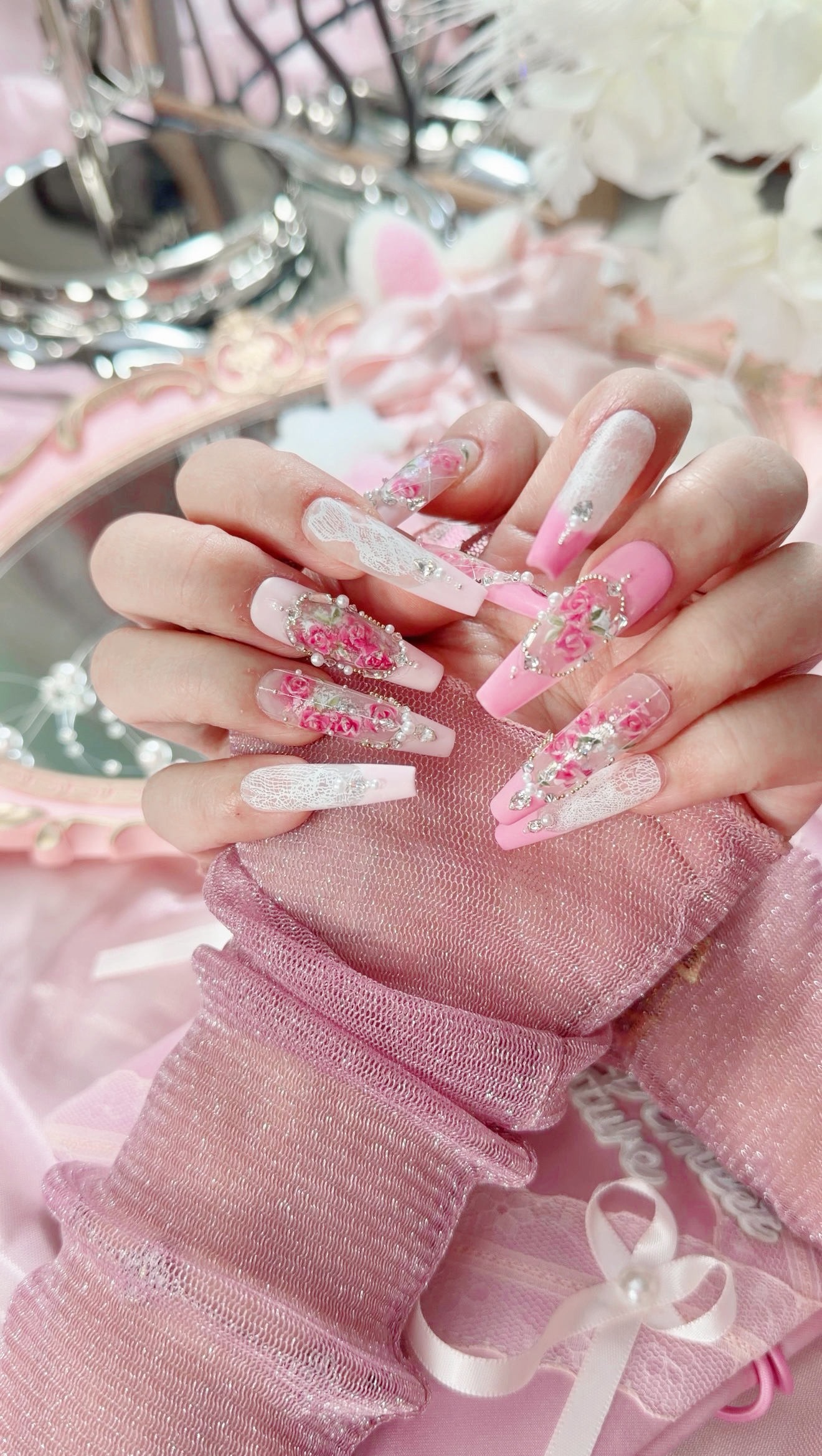 Barbie Pink Lace Flower Matte Finish Press On Nails Long Coffin Handmade With Diamond Pearl Beads