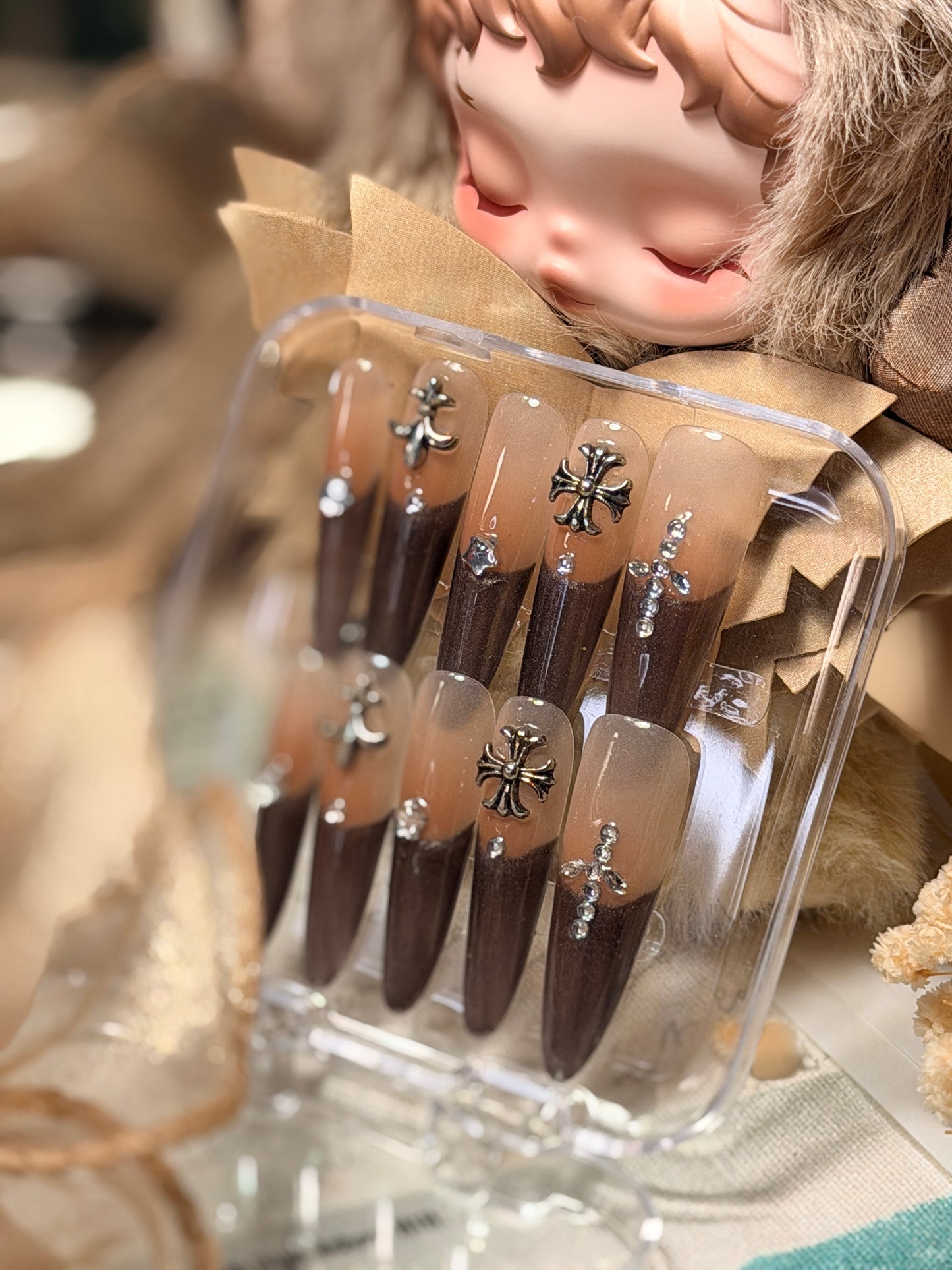 ONLY 1 Instock Designer False Nails Chrome Hearts Smoky Coffee Fine Shimmer French Style Long Press-On Nails(#889）