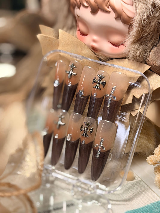 ONLY 1 Instock Designer False Nails Chrome Hearts Smoky Coffee Fine Shimmer French Style Long Press-On Nails(#889）