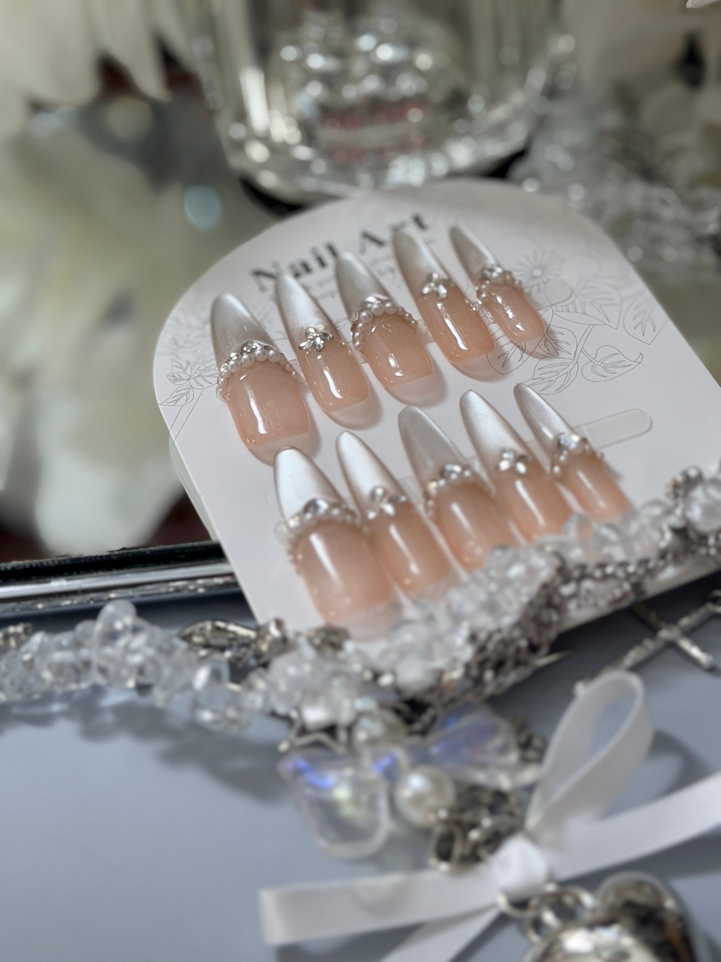 Silver Champagne Press On Nails Shimmering Diamond Pearl Long Stelitto Handmade Nail