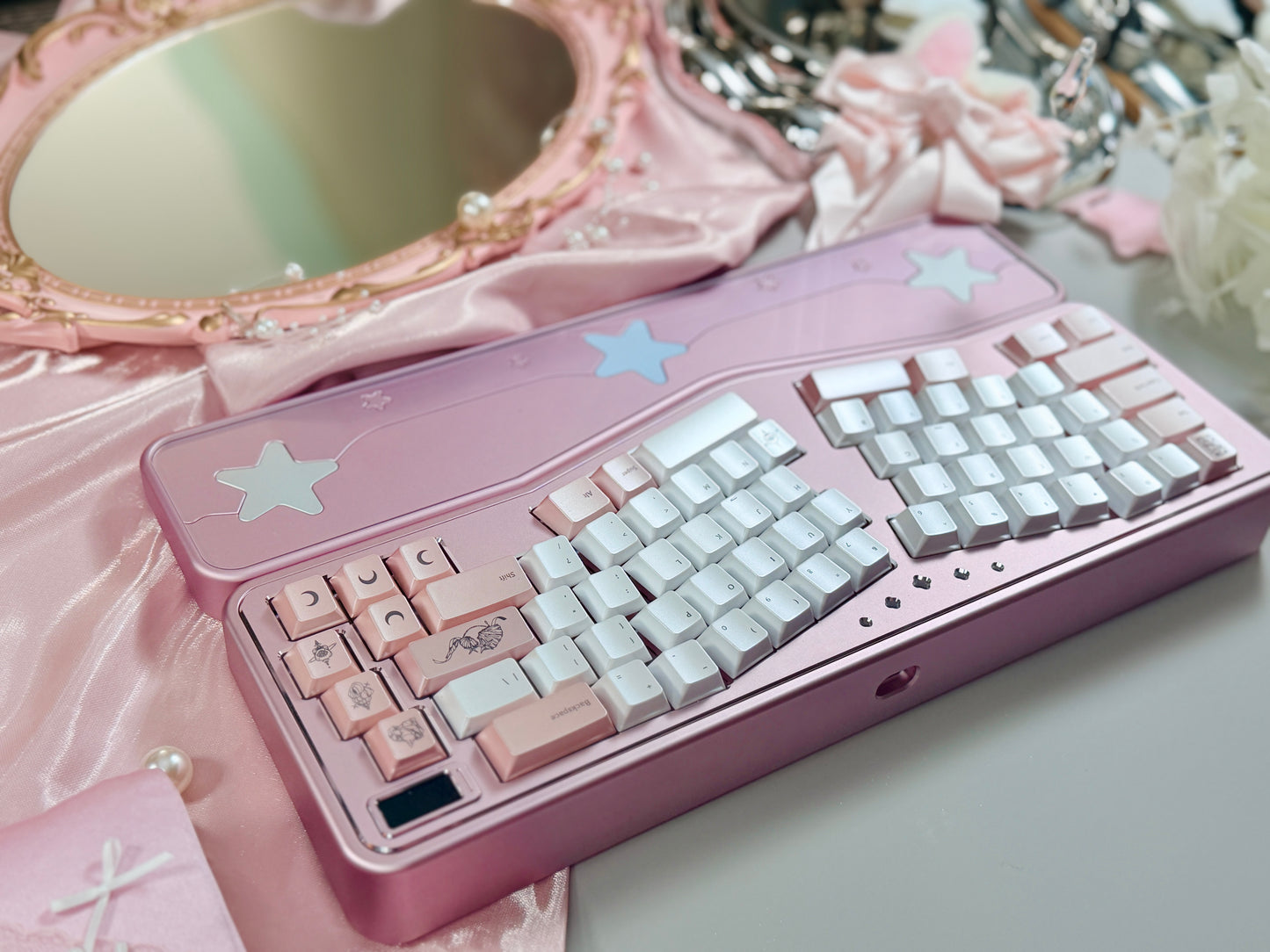 ONLY 1 Instock Prebuilt Aluminum Custom Mechanical Keyboard Staralice Ergonomic Anodized Pink Set including Wristrest Keycaps & switches