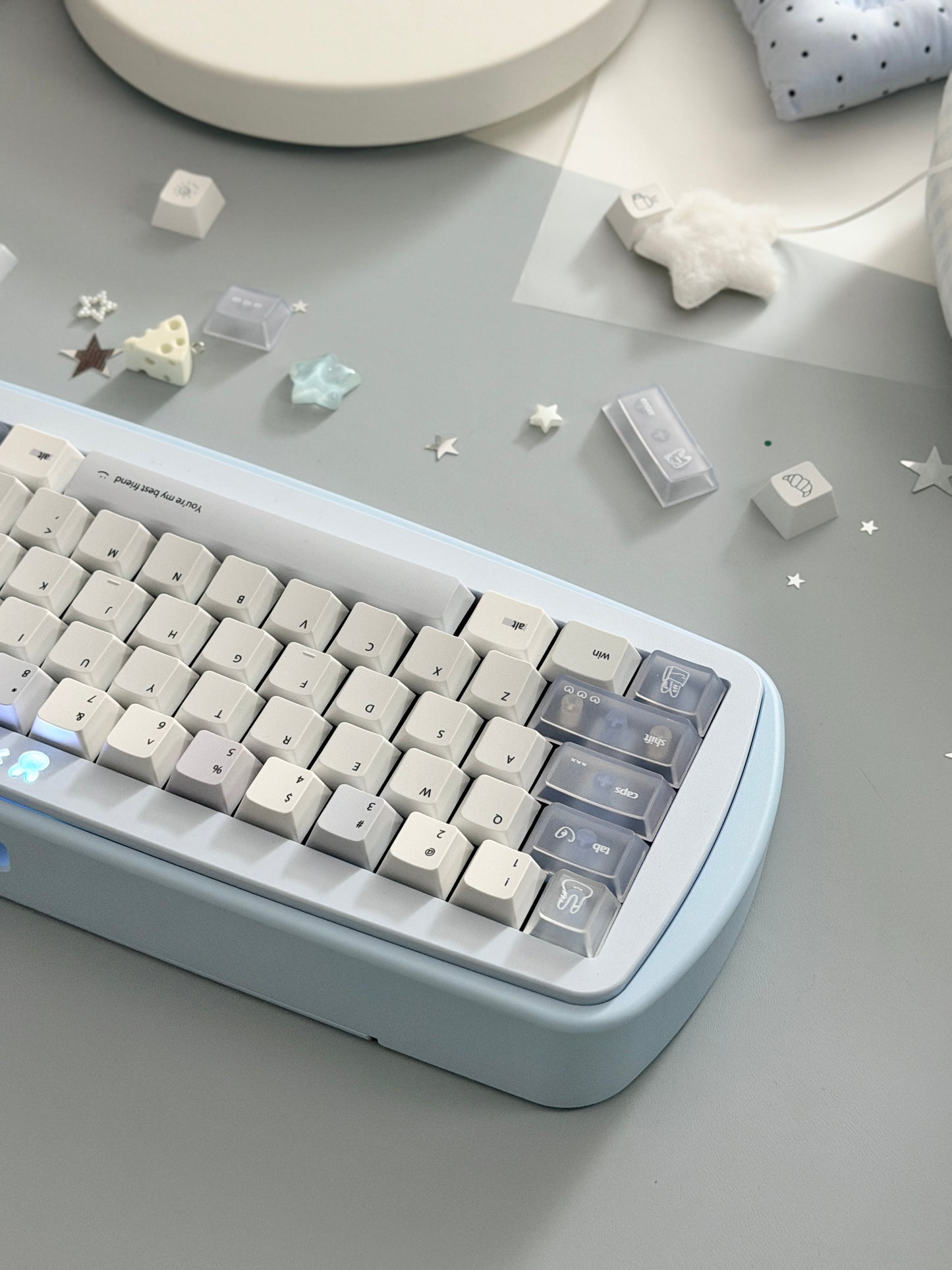 #0296 Minimalist Pale Blue White & Gray Keycap Set – Retro Japanese Style PBT Keycaps for Mechanical Keyboards Designed By Mochi Lab
