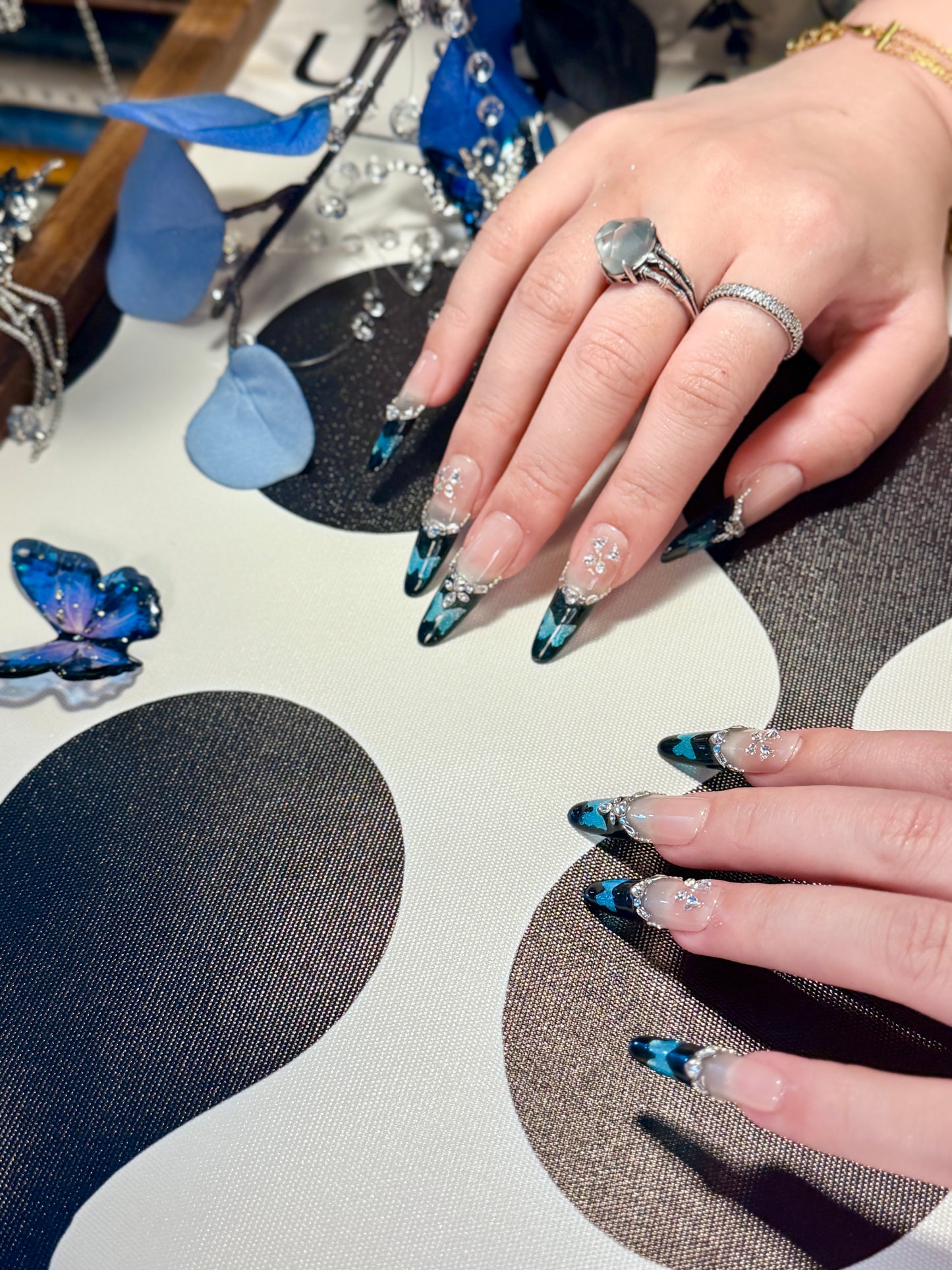 Black Blue Butterfly Press On Nails Shimmering Diamond Long Oval Handmade Nail Arts