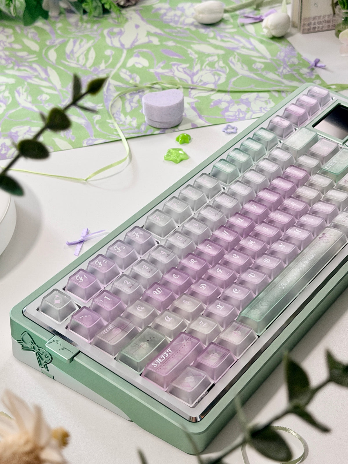 #0318 Lavender Mint Garden Transparent Keycaps Set | Pastel Purple & Sage Green Cute Floral Mechanical Keyboard Keycaps