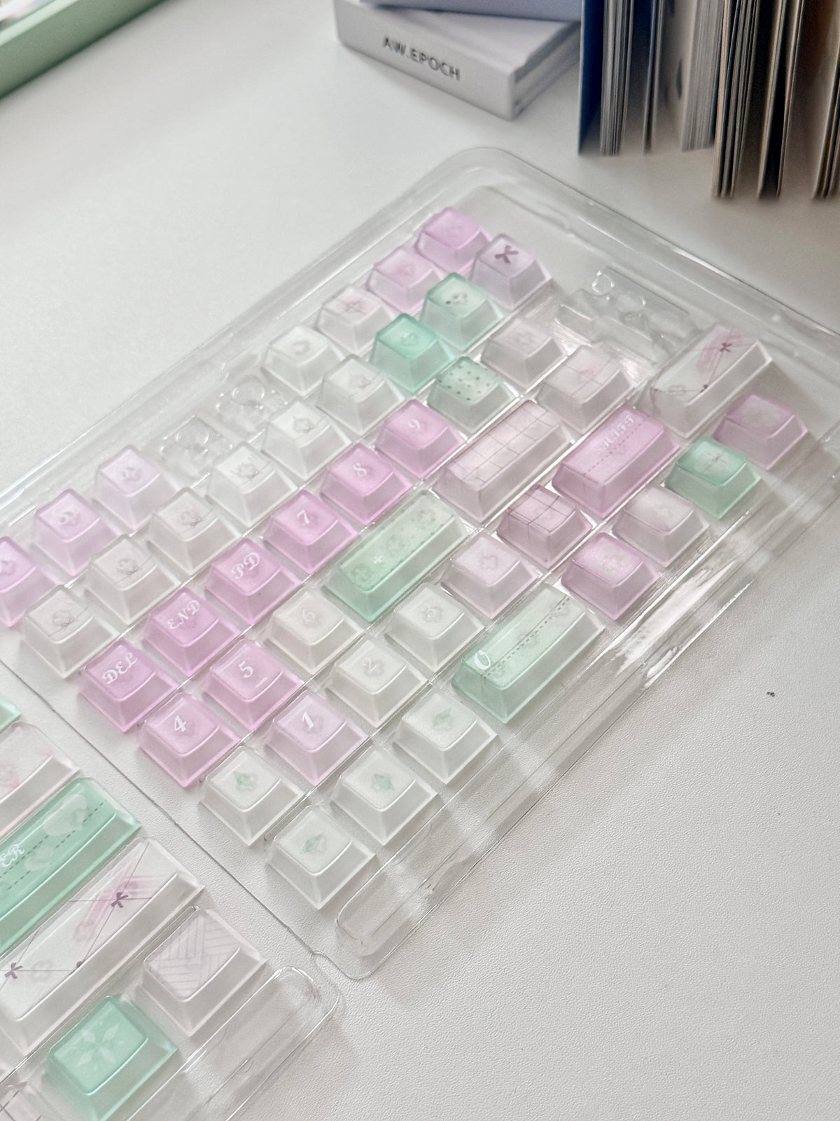 #0318 Lavender Mint Garden Transparent Keycaps Set | Pastel Purple & Sage Green Cute Floral Mechanical Keyboard Keycaps