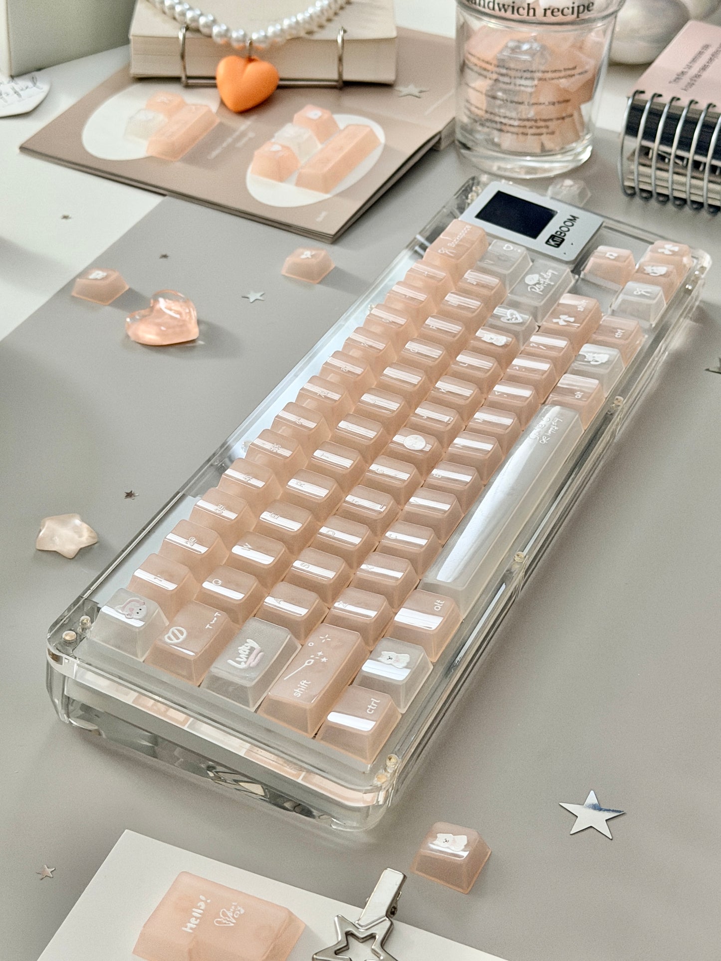 Unboxing Sample For Sale ONLY 1 Instock KiiBOOM Phantom 64 Clear Crystal Acrylic Keyboard + custom Peach Pink Keycaps