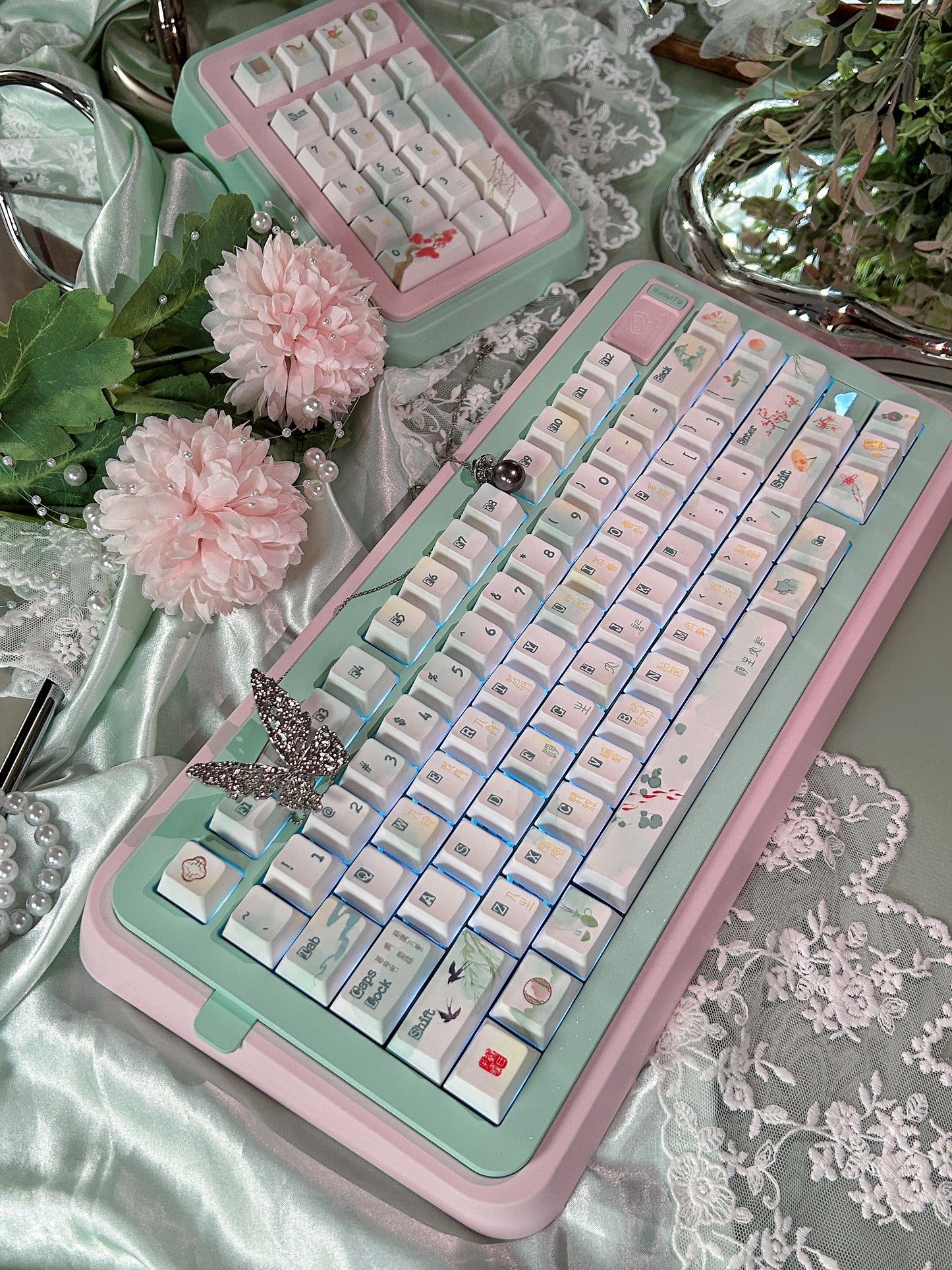 ONLY 1 Instock Prebuilt Aluminum Customized Mechanical Keyboard Pink Green Soap75 ➕ Pad