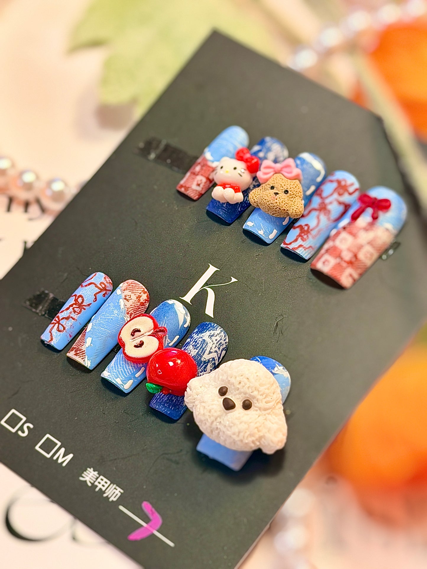 Kawaii Puppy Kitty 3D Red Apple Bow Denim Jeans Pattern Press On Nails Long Pipe