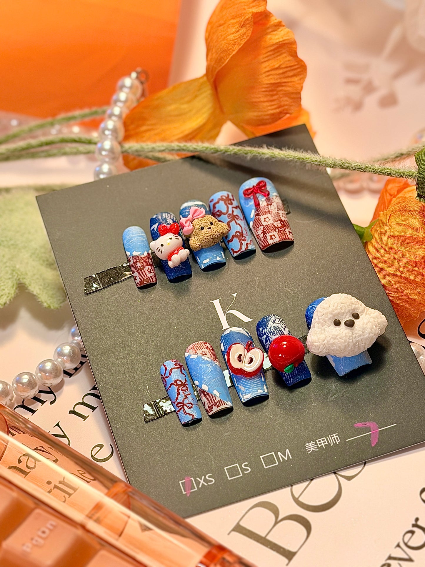 Kawaii Puppy Kitty 3D Red Apple Bow Denim Jeans Pattern Press On Nails Long Pipe