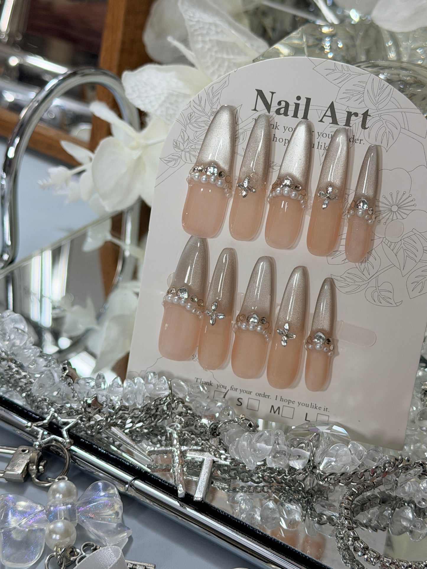 Silver Champagne Press On Nails Shimmering Diamond Pearl Long Stelitto Handmade Nail