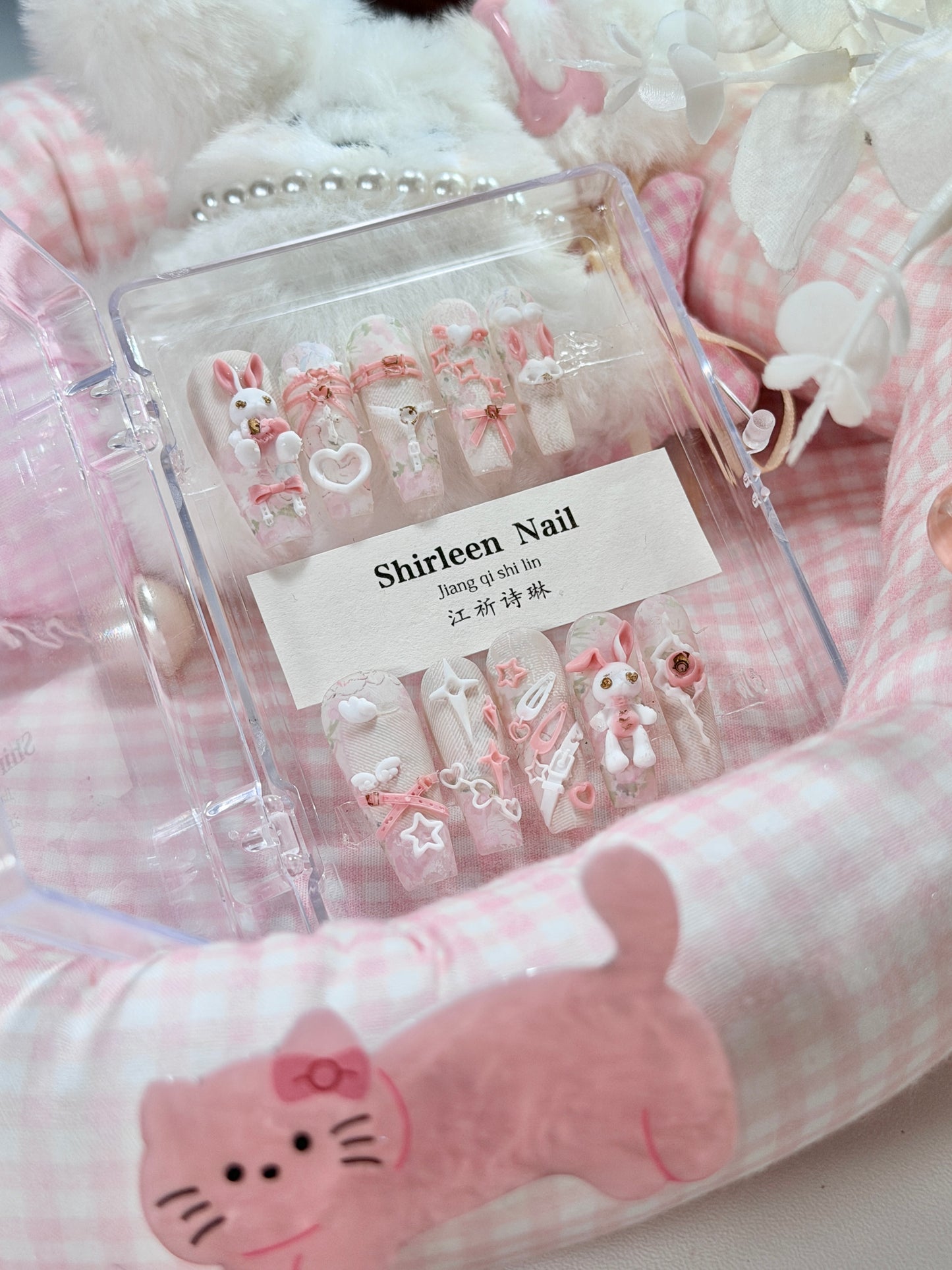 White Lace Pink Punk Bunny Bow 3D Pattern Press On Nails Long Coffin