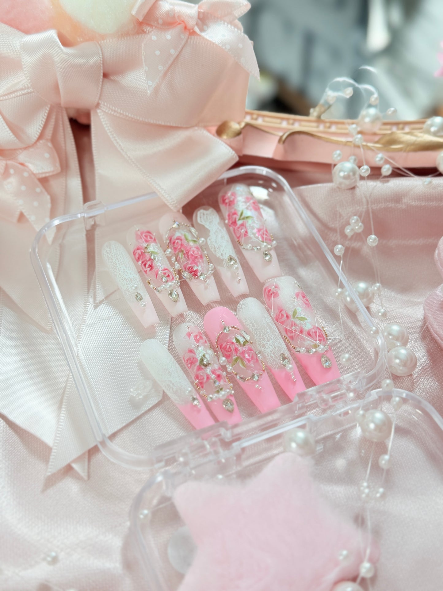 Barbie Pink Lace Flower Matte Finish Press On Nails Long Coffin Handmade With Diamond Pearl Beads