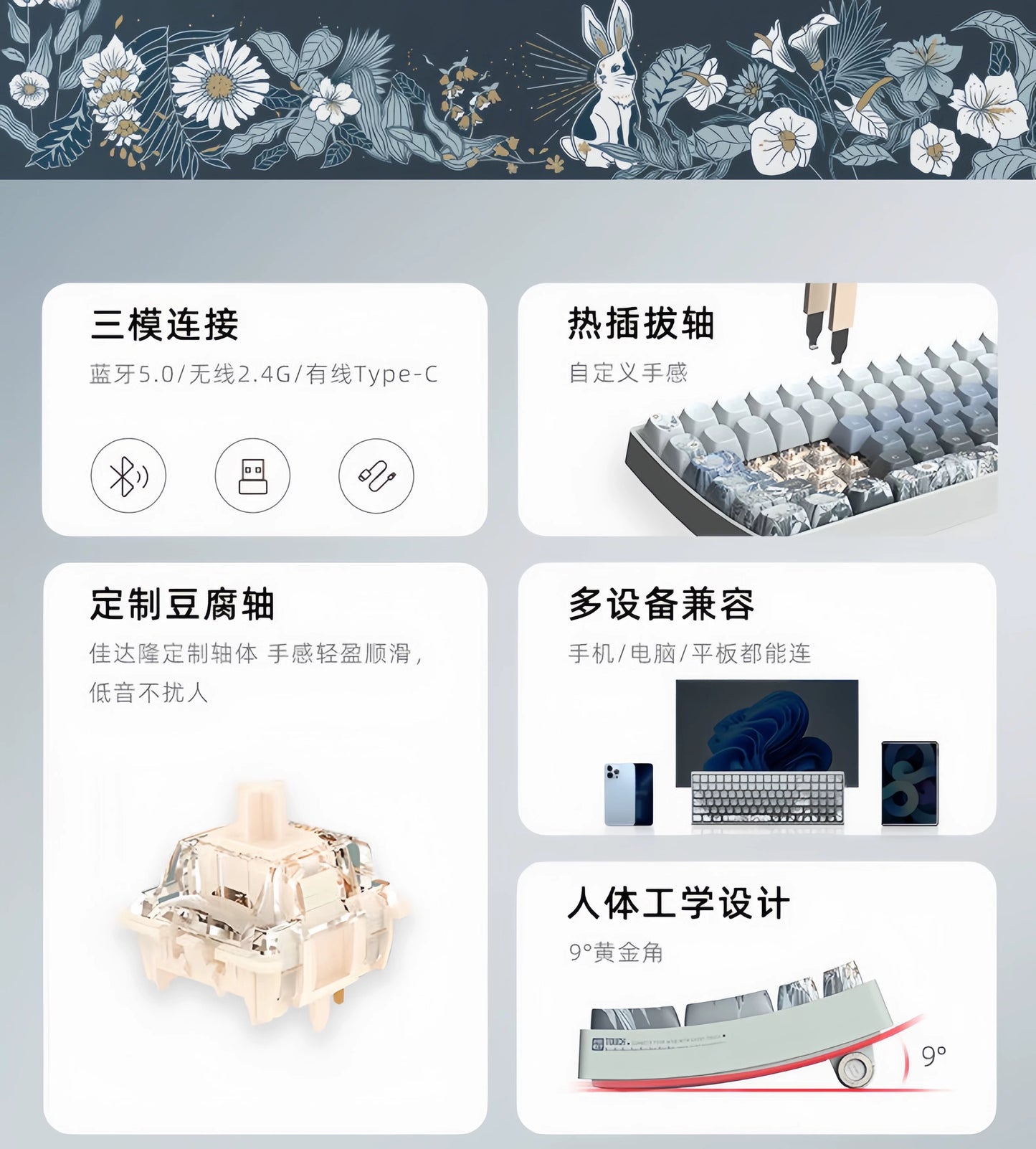Bloomveil Fantasy Navy Blue Tri-mode wireless Bluetooth mechanical keyboard, cute girl high-value keyboard