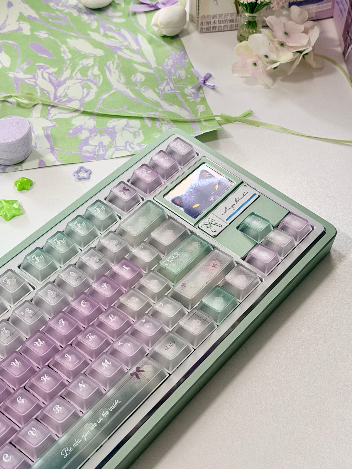 #0318 Lavender Mint Garden Transparent Keycaps Set | Pastel Purple & Sage Green Cute Floral Mechanical Keyboard Keycaps